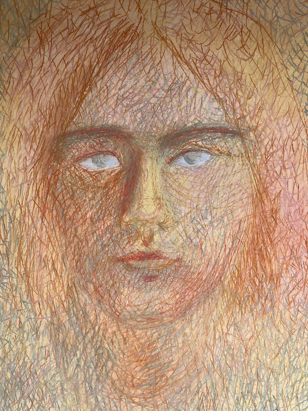 A drawing of a woman's face with long hair.