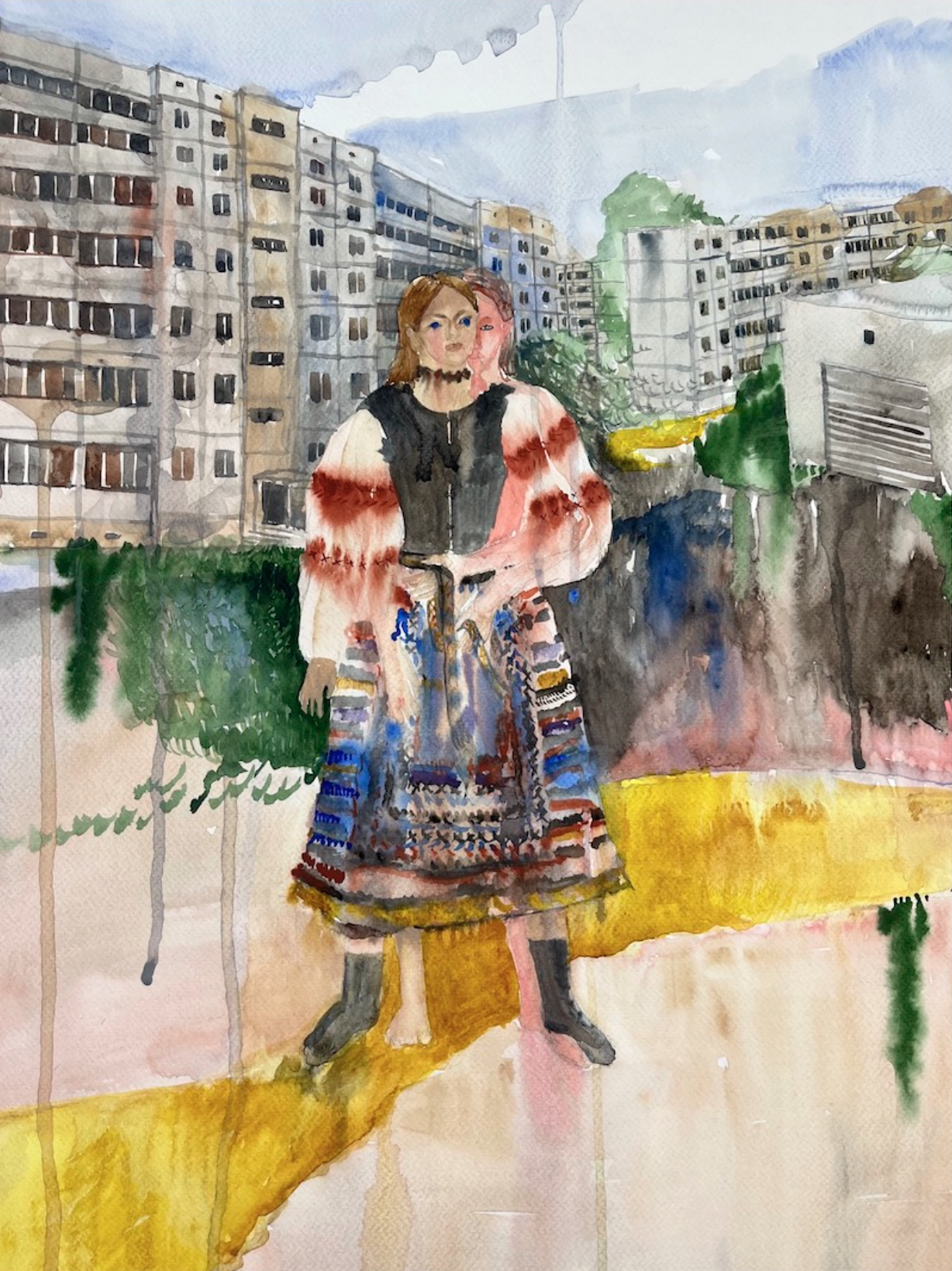 A watercolor painting of a woman in a colorful dress.