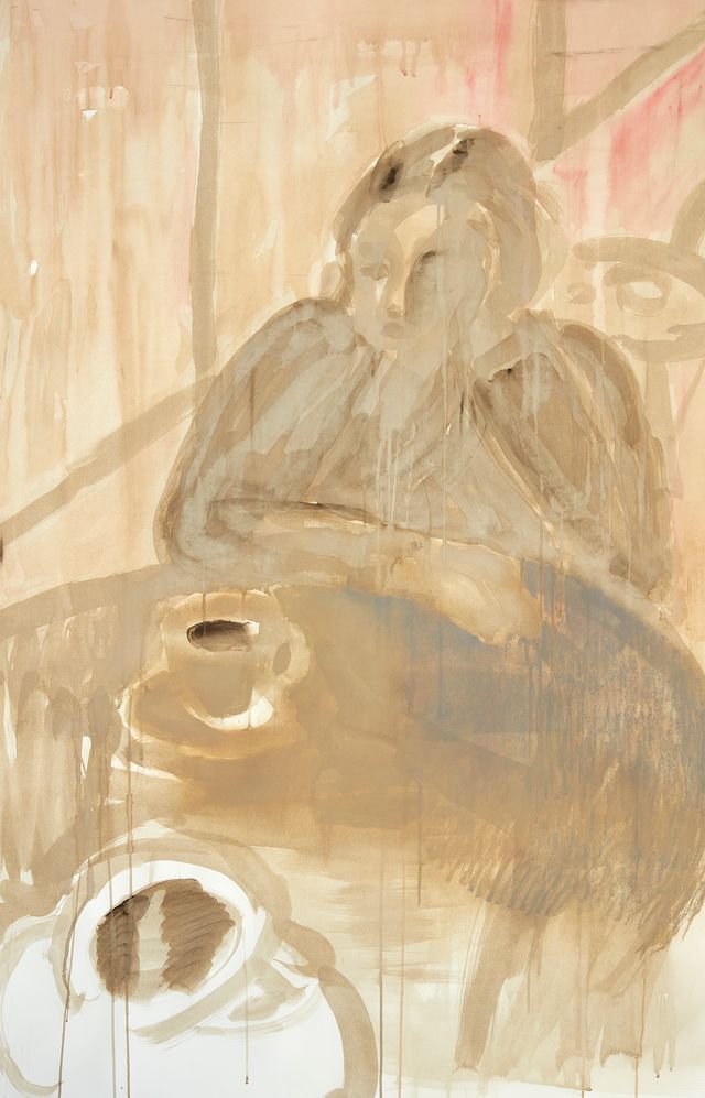 A painting of a woman sitting at a table with a cup and saucer.