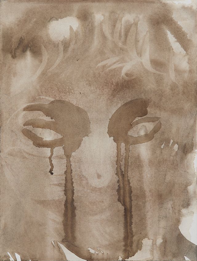 A watercolor painting of a woman's face with palm trees in the background.