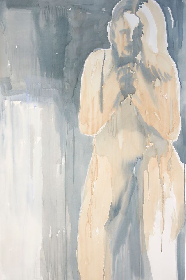 A painting of a woman standing in front of a window.