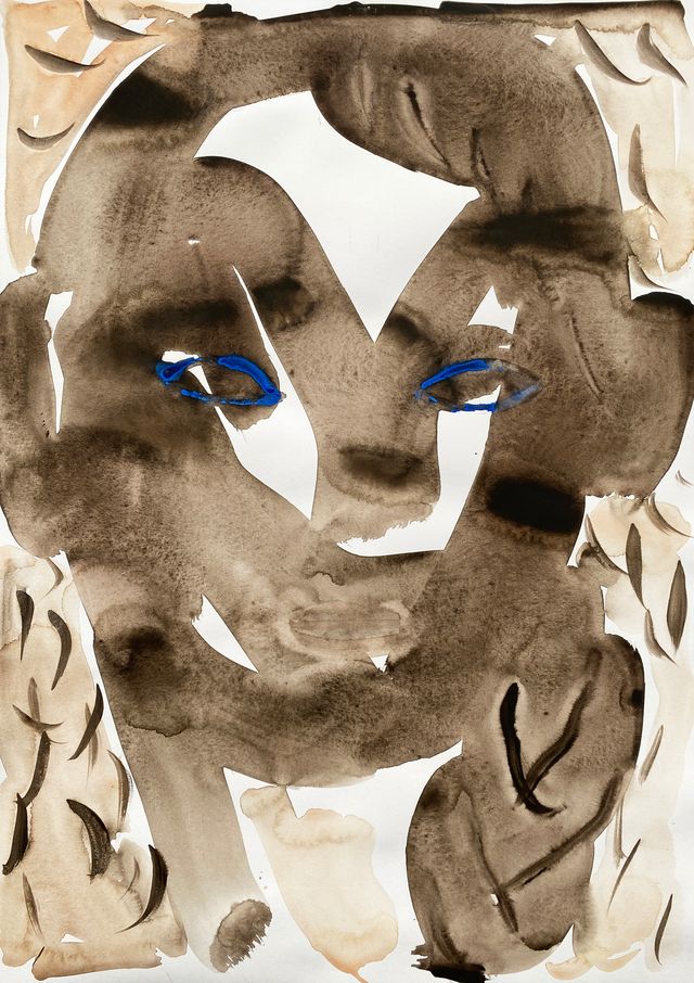 A watercolor painting of a woman's face with blue eyes.