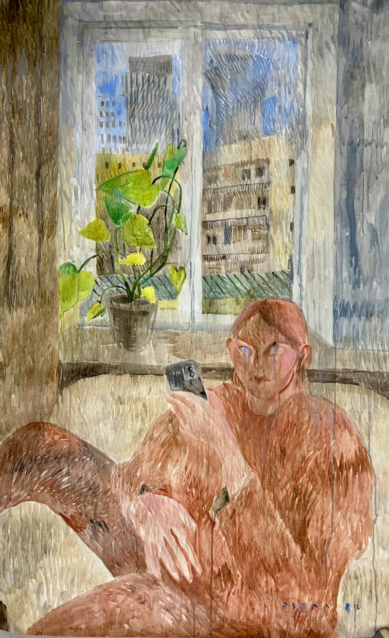 A painting of a woman sitting in front of a window.