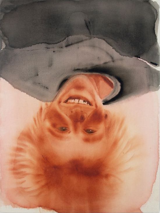 A watercolor painting of a man with a hat on his head.