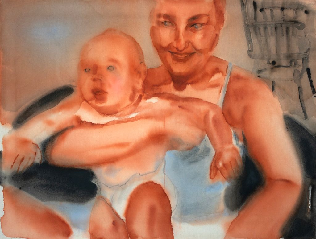 A painting of a woman holding a baby in her arms.