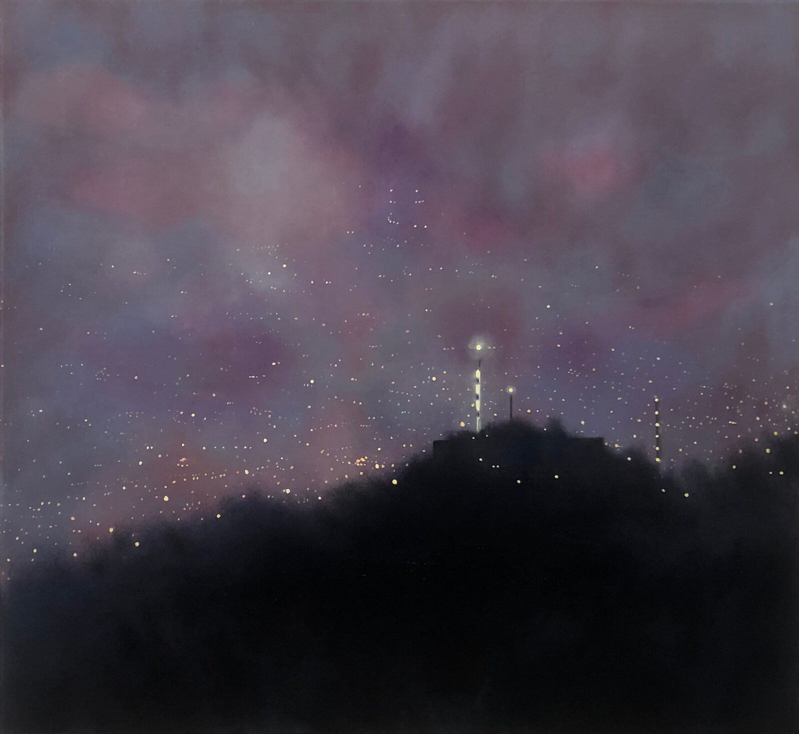 A nocturnal landscape where a dark silhouette meets a starry, purple-hued sky.