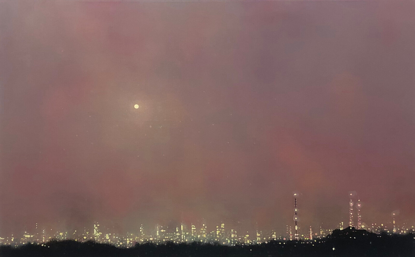 A moody night cityscape under a hazy, pink-hued sky with a bright celestial body.