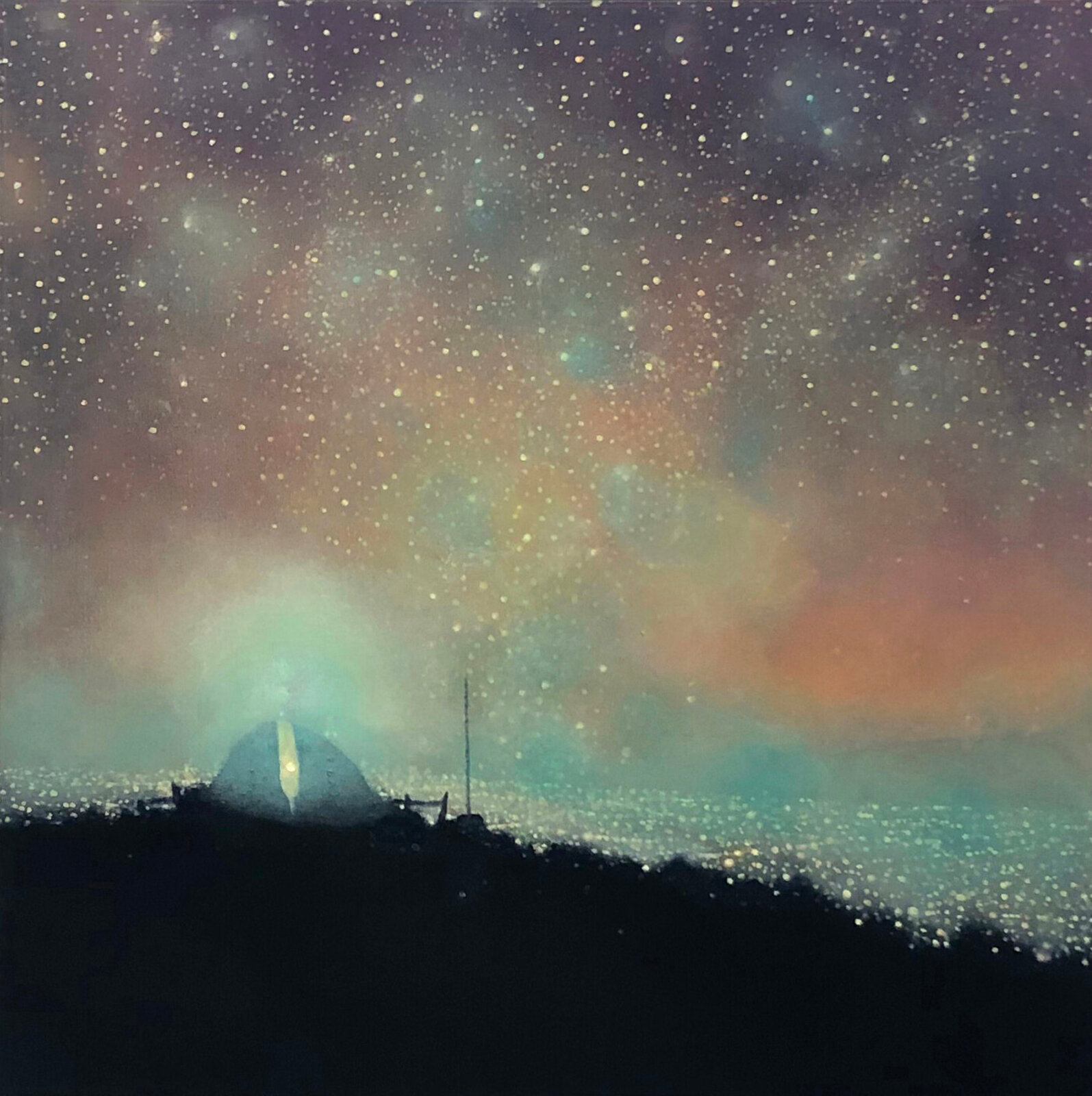 A silhouette of a domed structure on a hill under a starry, colorful night sky.