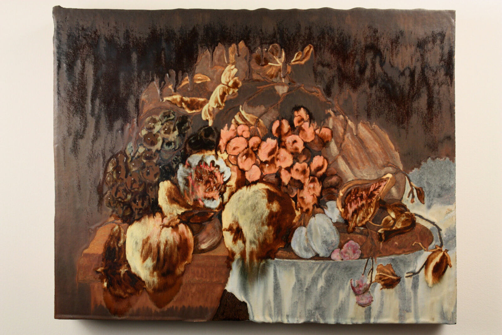 A still life painting of a decaying fruit arrangement with a dark, moody background.