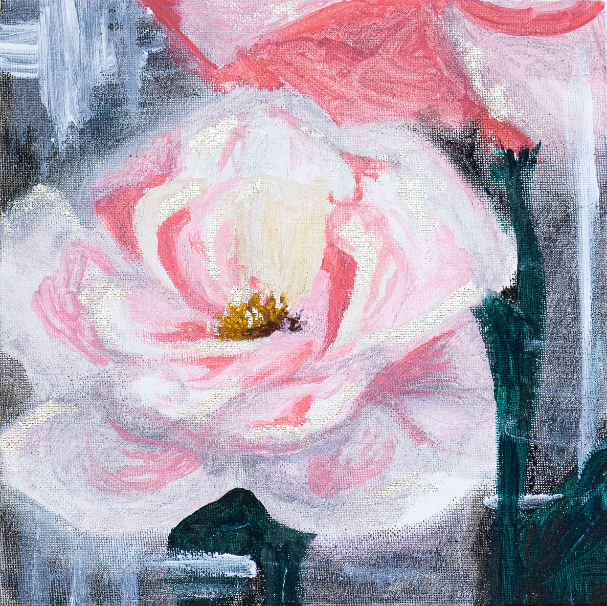 A painting of a pink flower on a gray background.