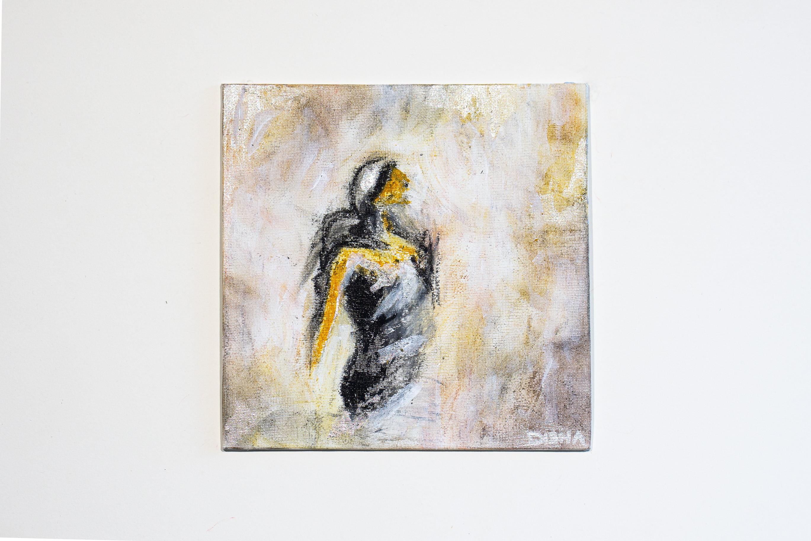 A painting of a woman in a black and yellow dress.