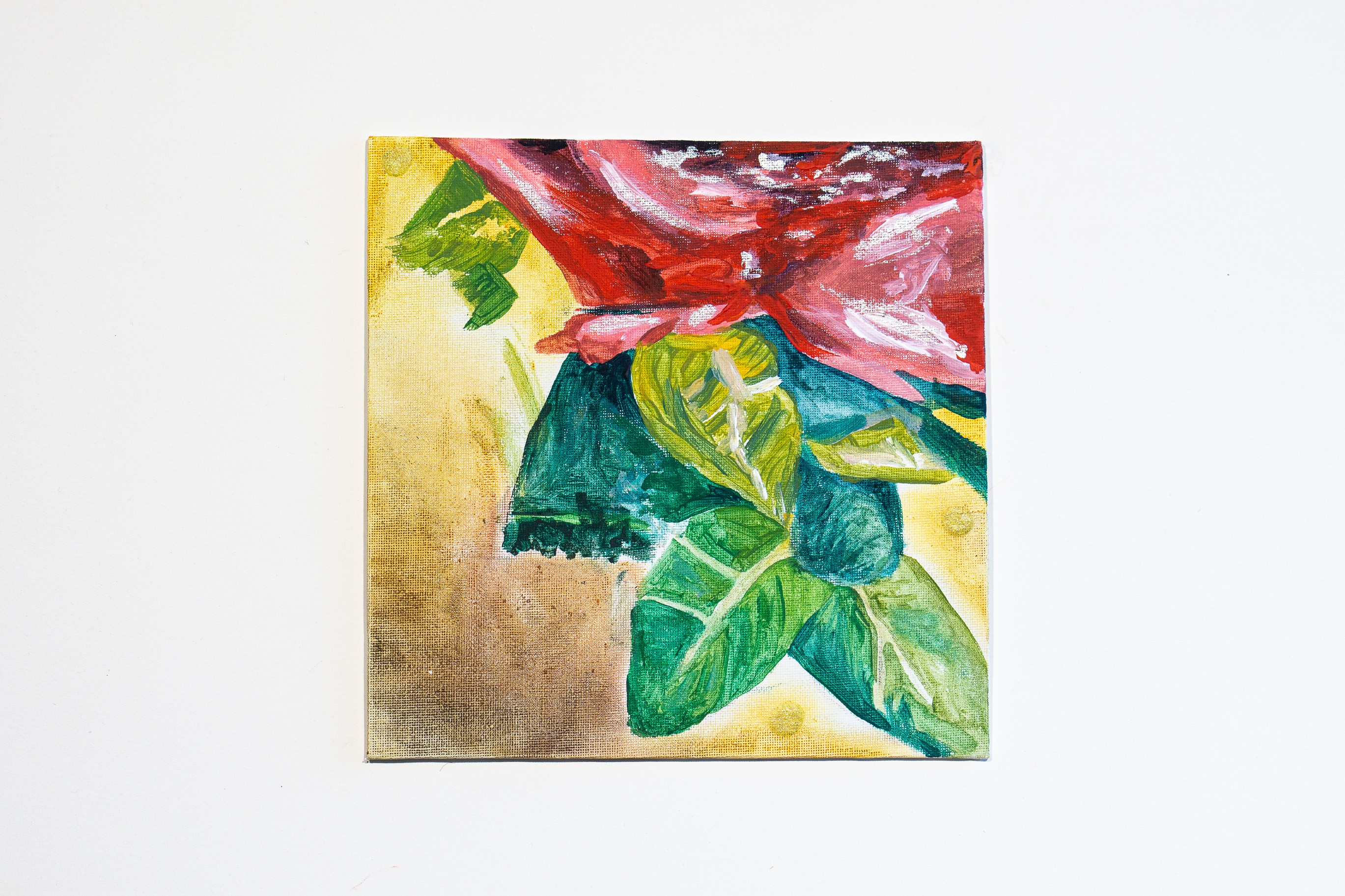 A painting of a red flower on a yellow background.