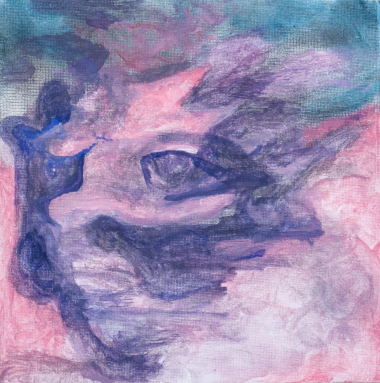 A painting of a woman's face on a pink background.