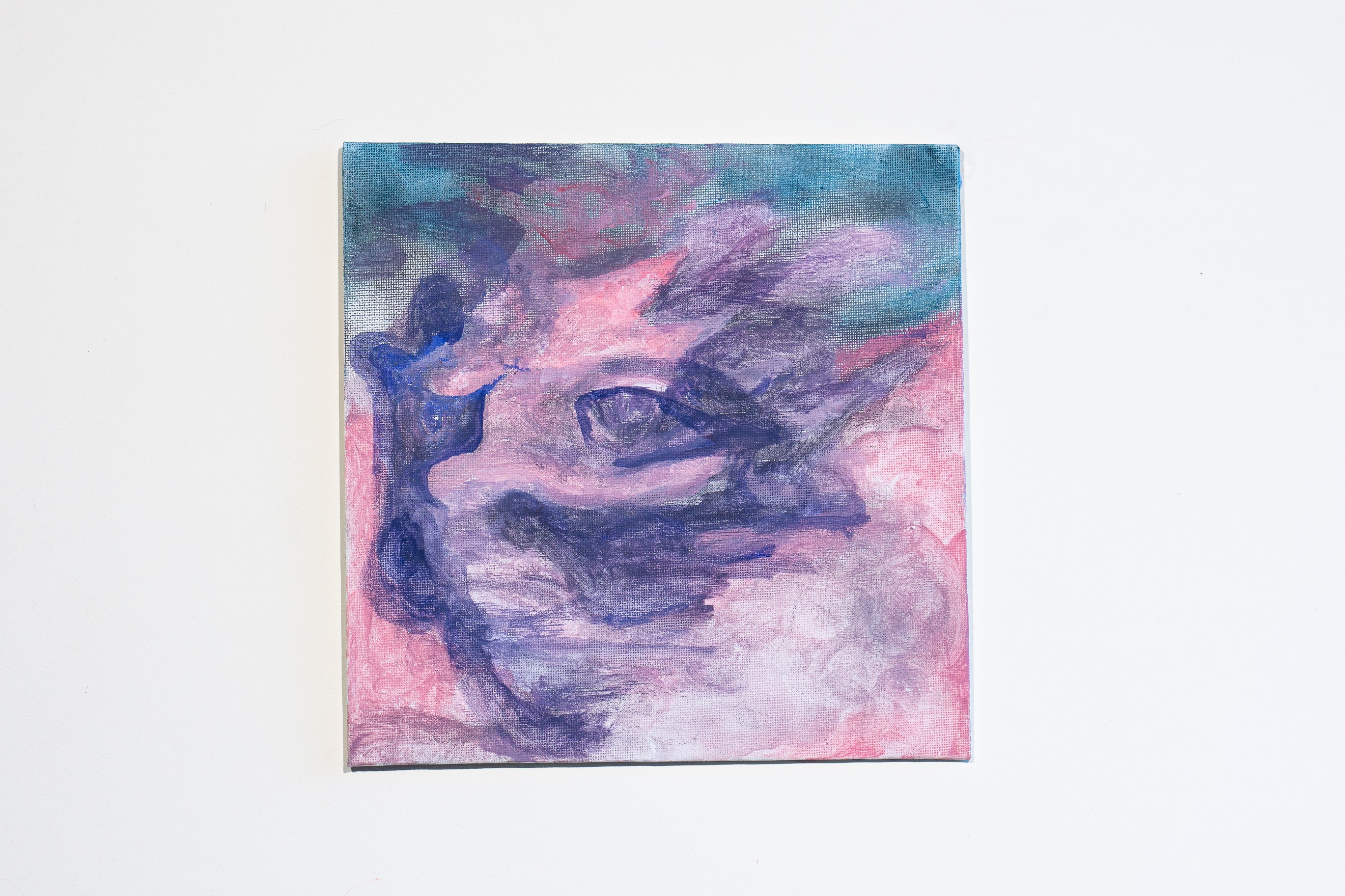A painting of a woman's face on a pink background.