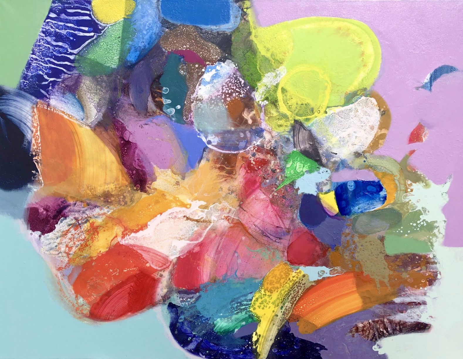 A painting of a colorful abstract painting on a blue background.