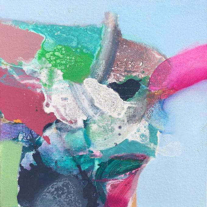 a painting with pink, green and blue paint on it