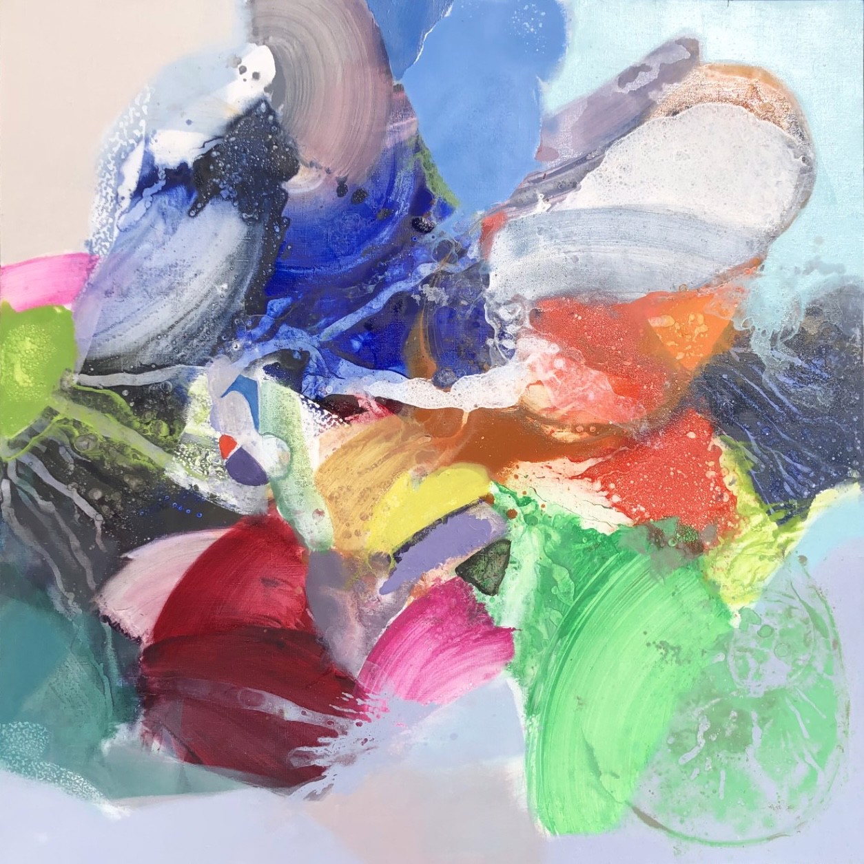 A painting of a colorful abstract painting on a white background.