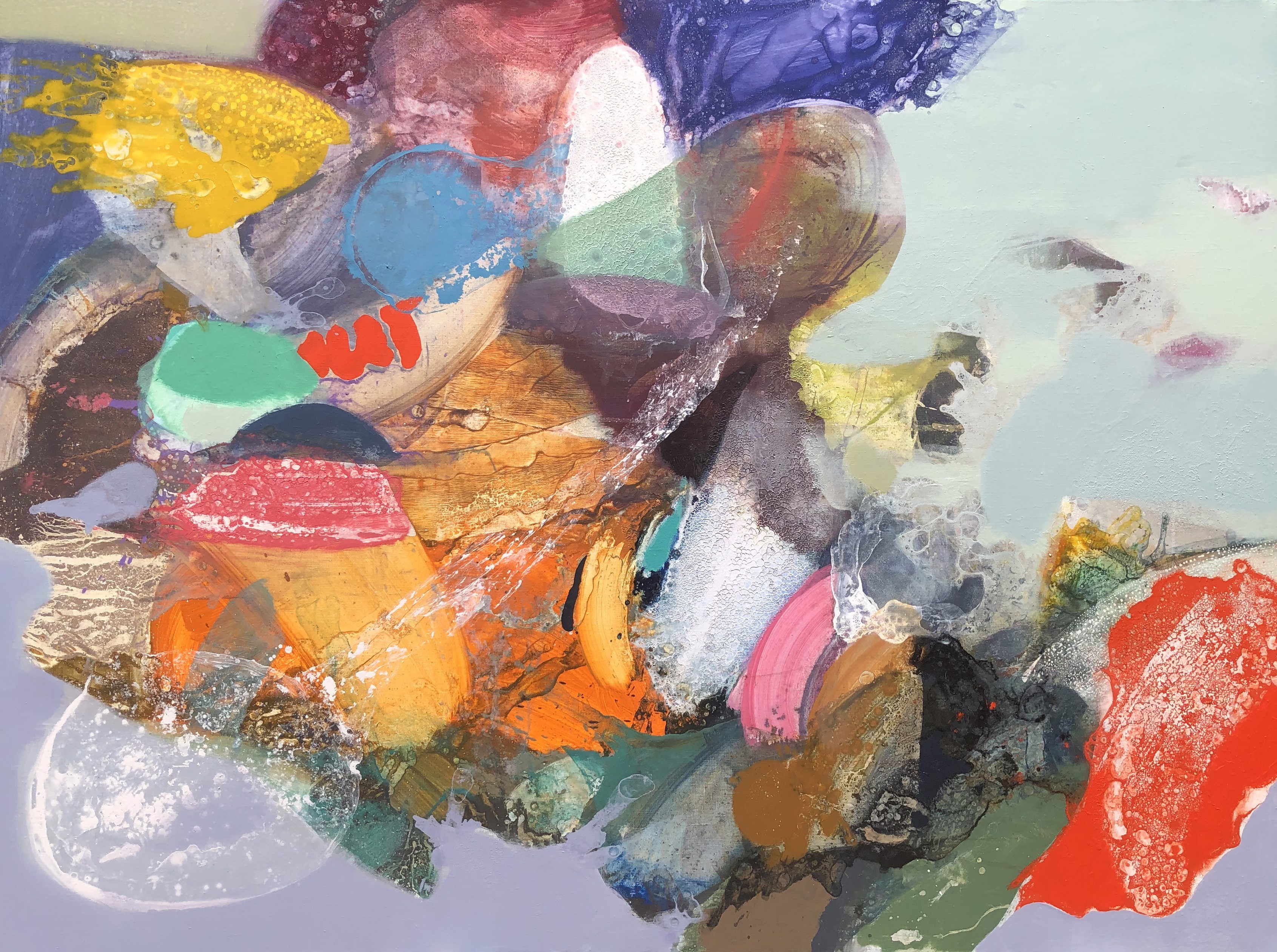 A painting of a colorful abstract painting on a purple background.