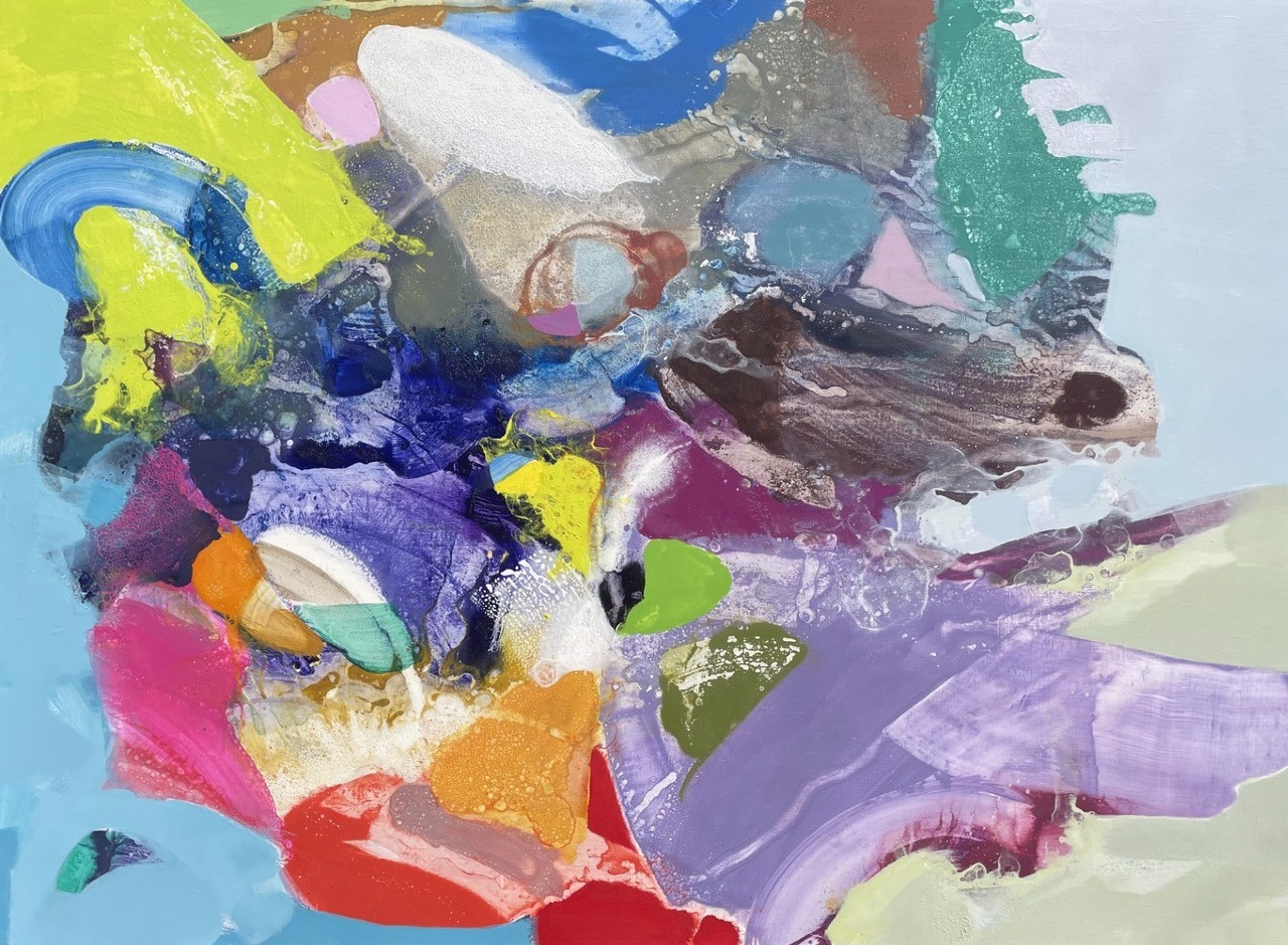 A painting of a colorful abstract painting on a white background.