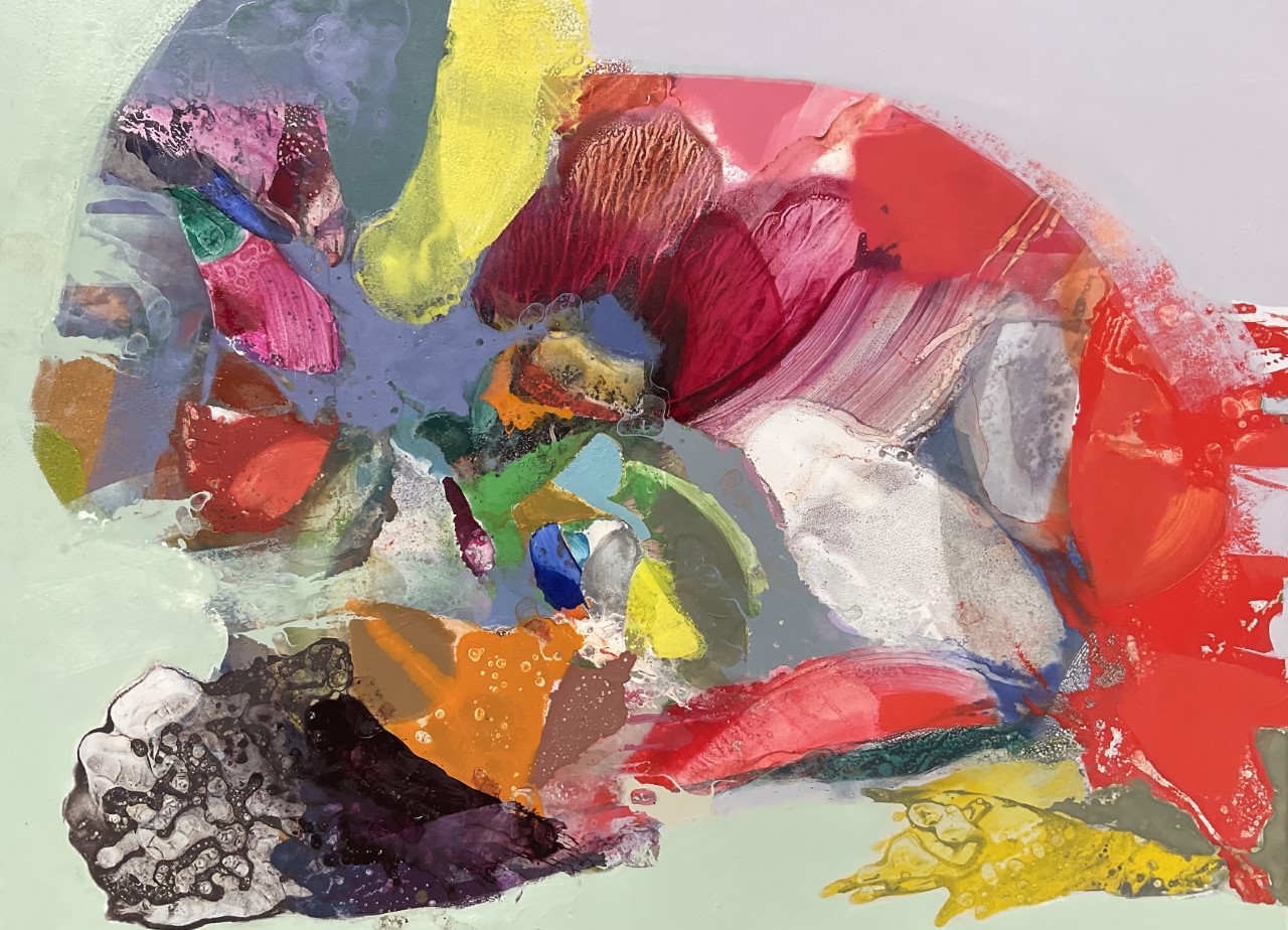 A painting of a colorful abstract painting on a white background.