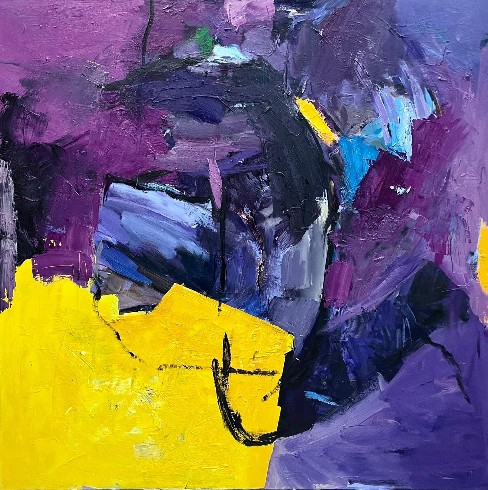A painting of a yellow and purple abstract painting.