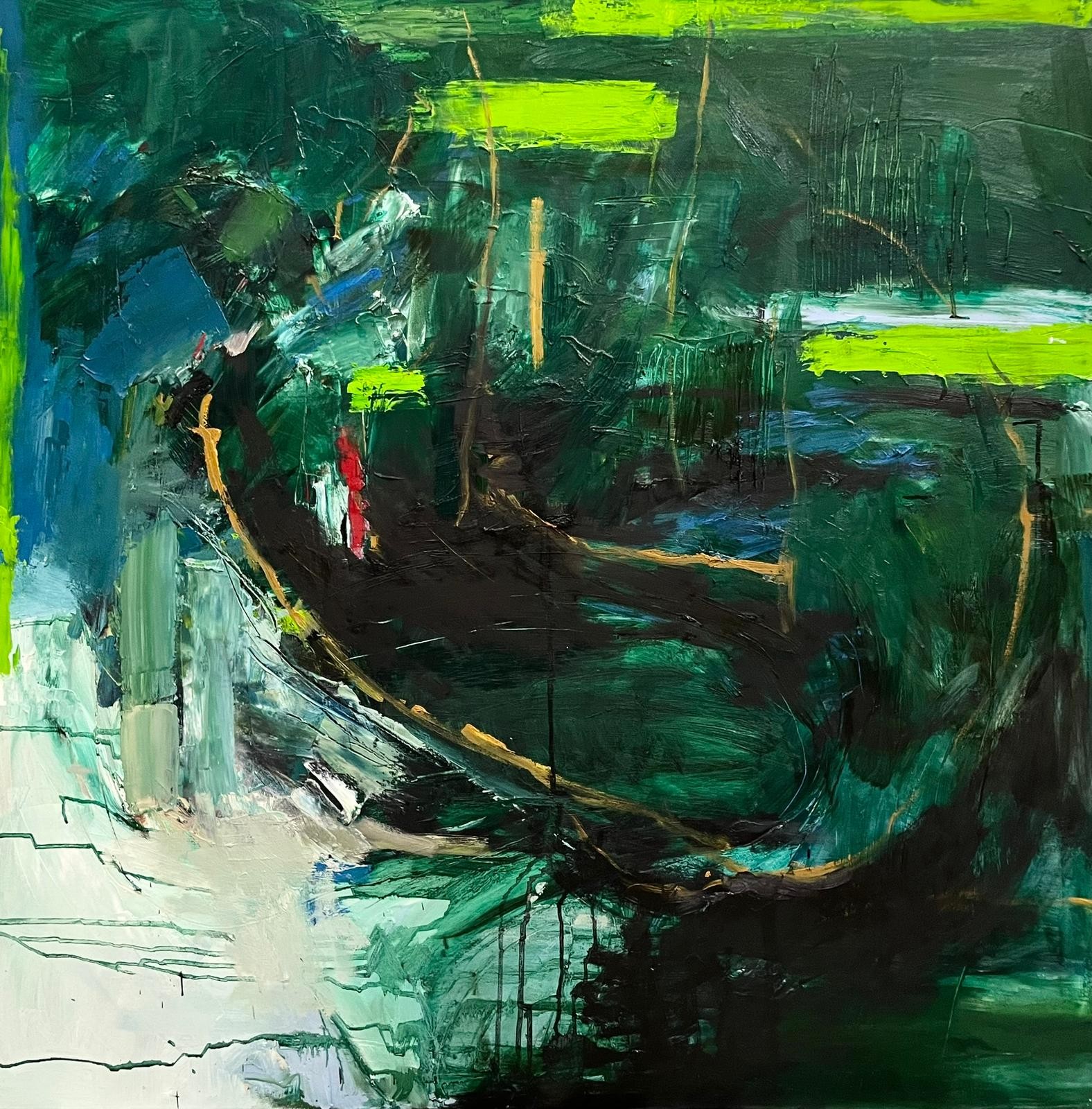 A painting of a green and black abstract painting.