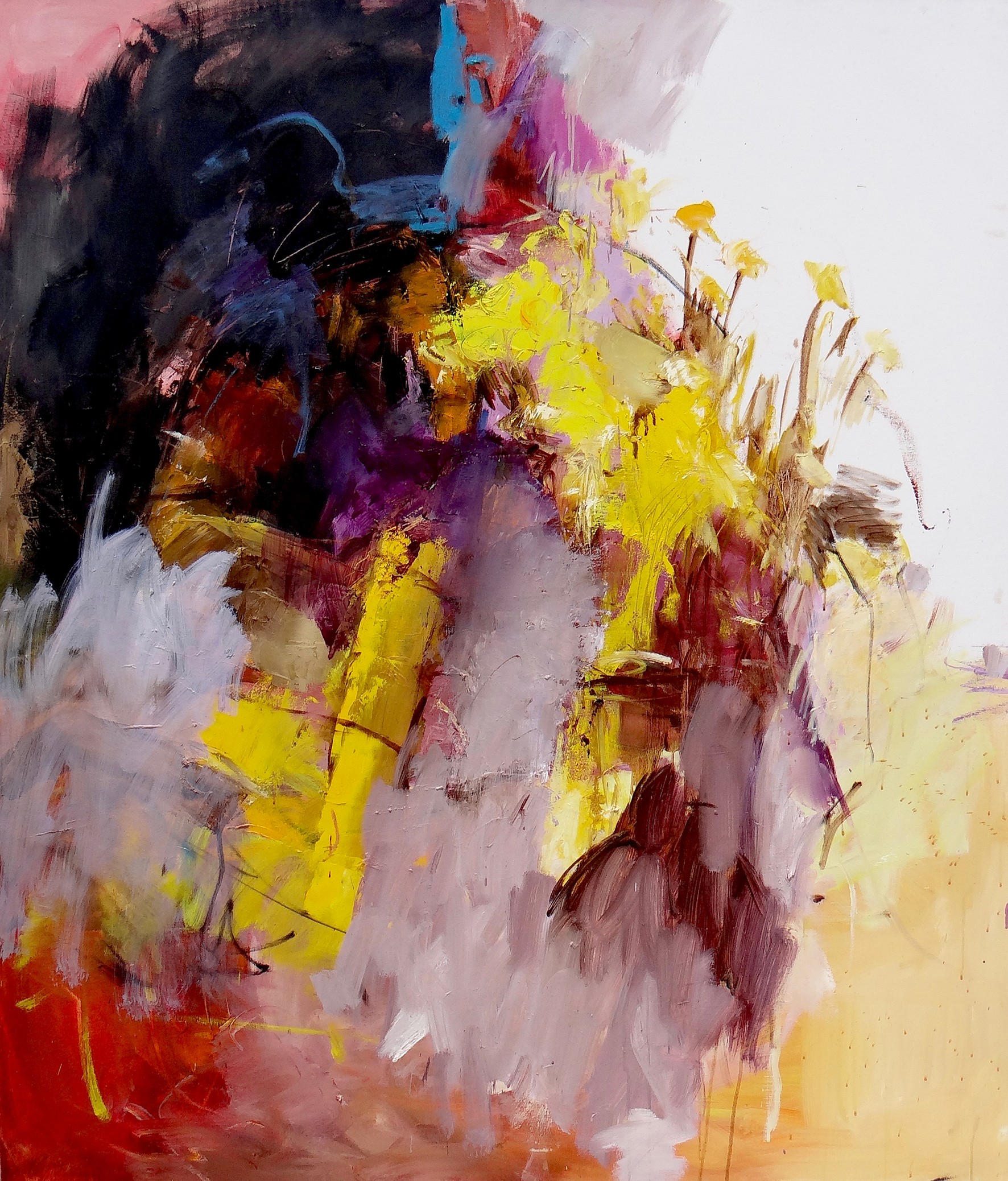 A painting of a vase of flowers on a table. 