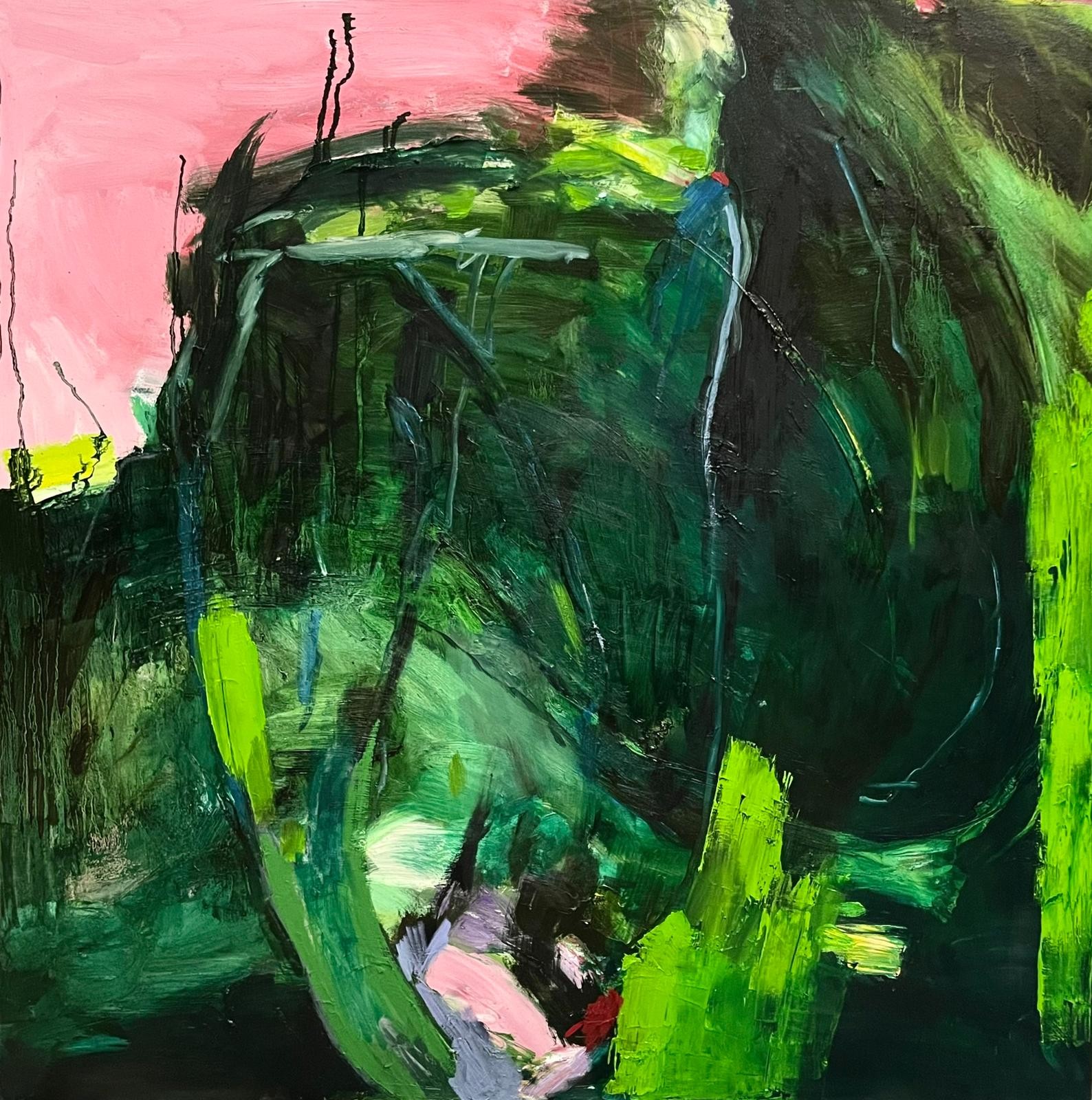 A painting of a green and pink abstract painting.