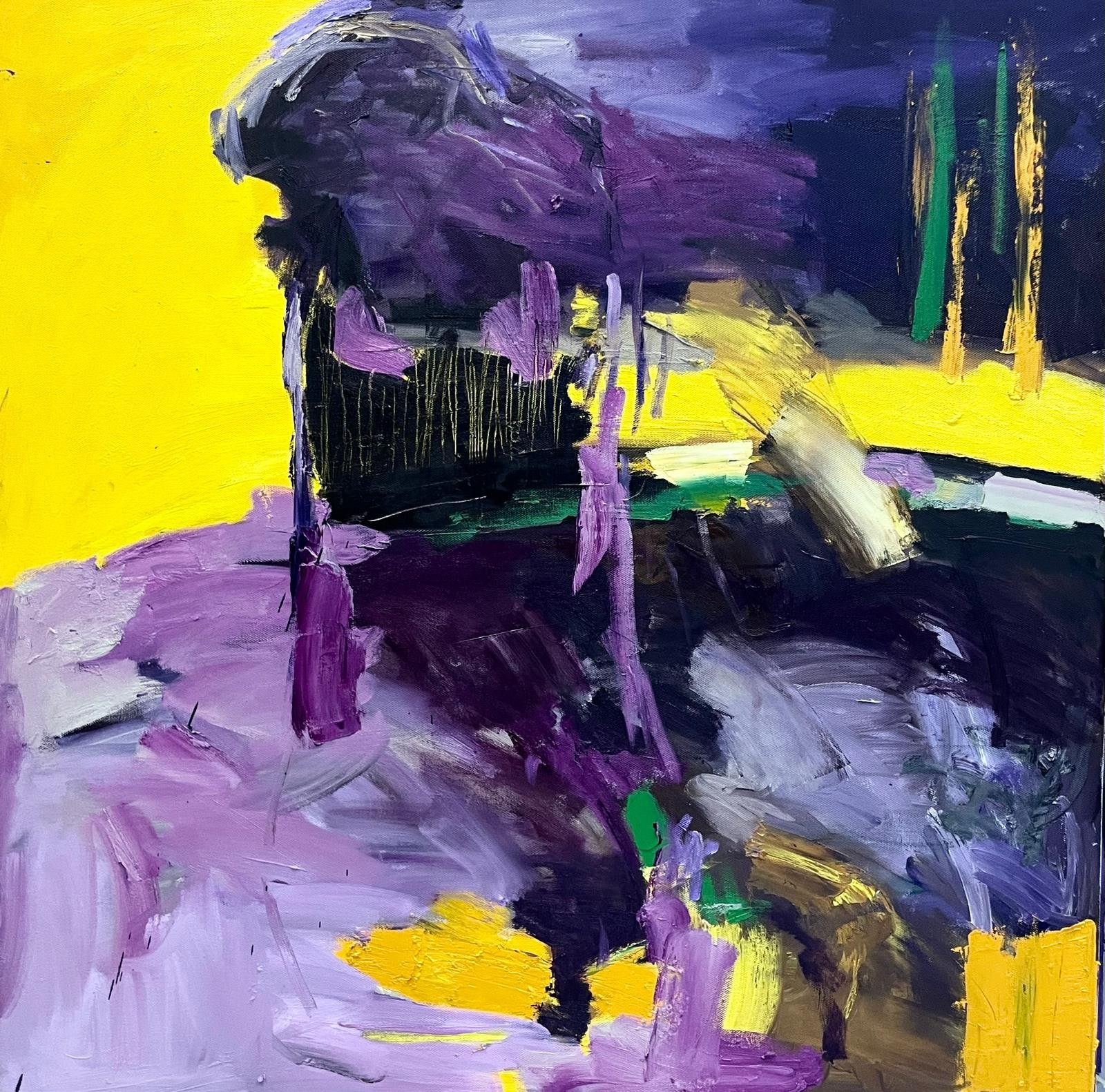 A painting of a purple and yellow abstract painting.
