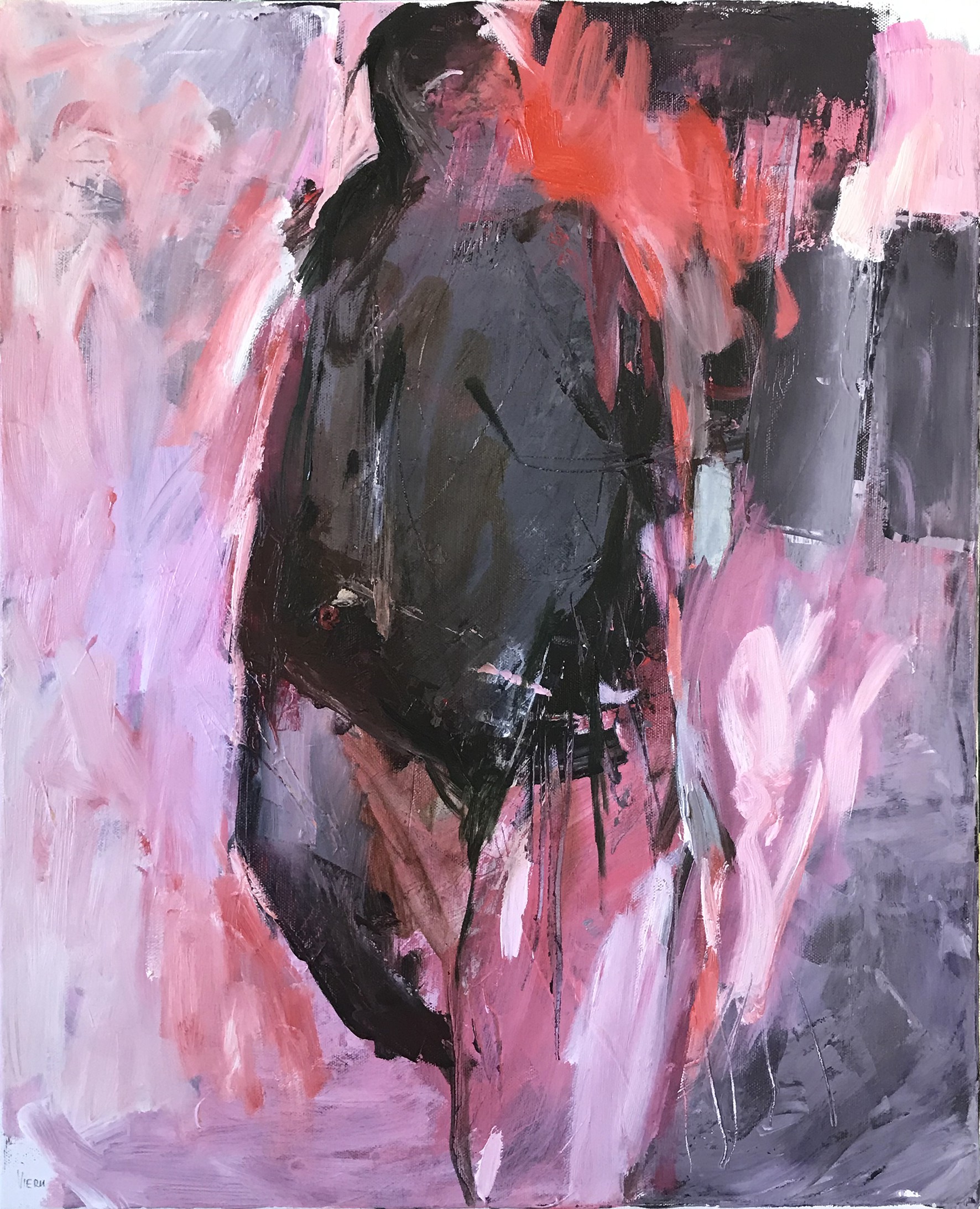 A painting of a black and pink abstract painting on a white background.