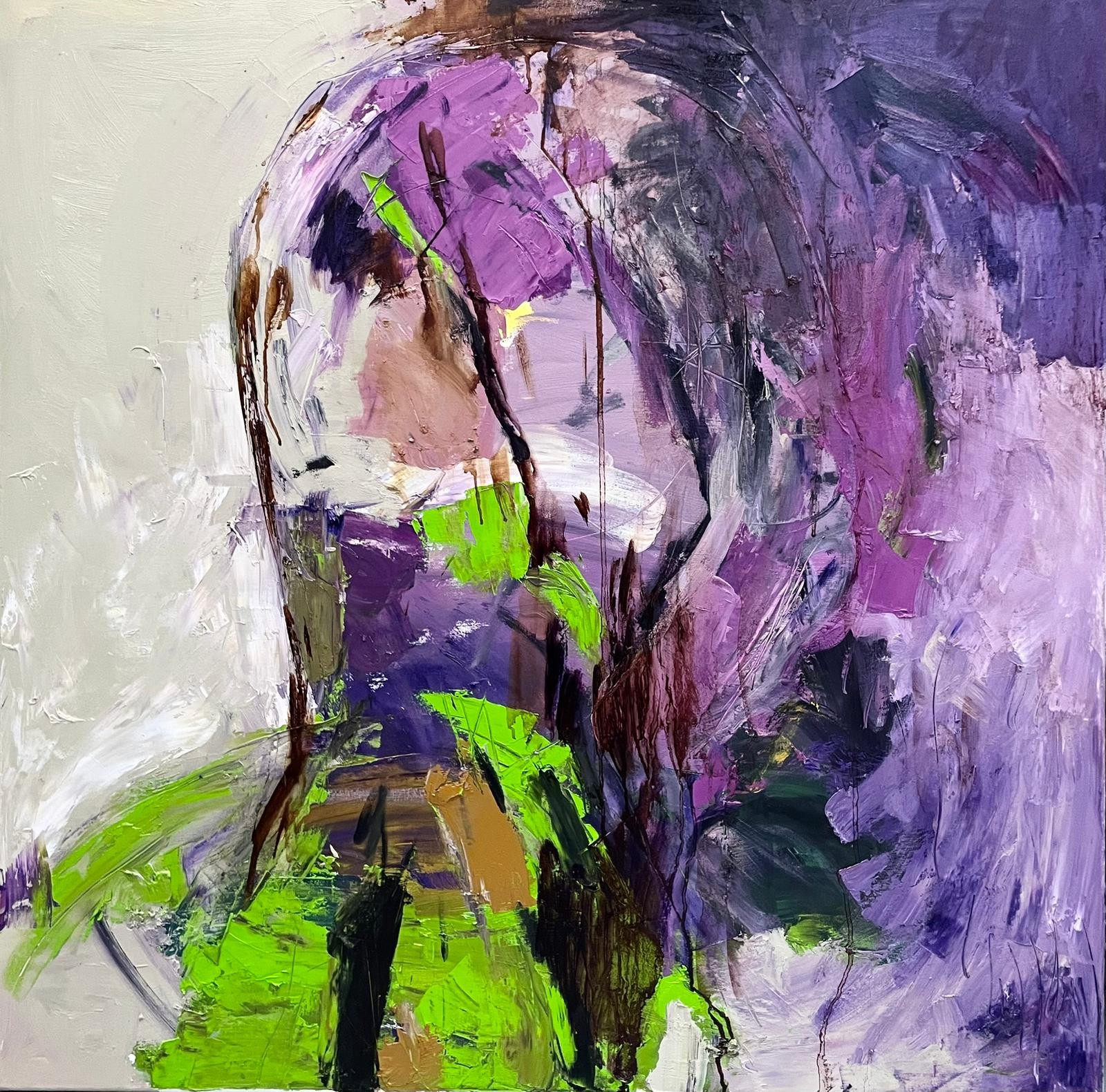 A painting of a woman sitting in a chair in a park.