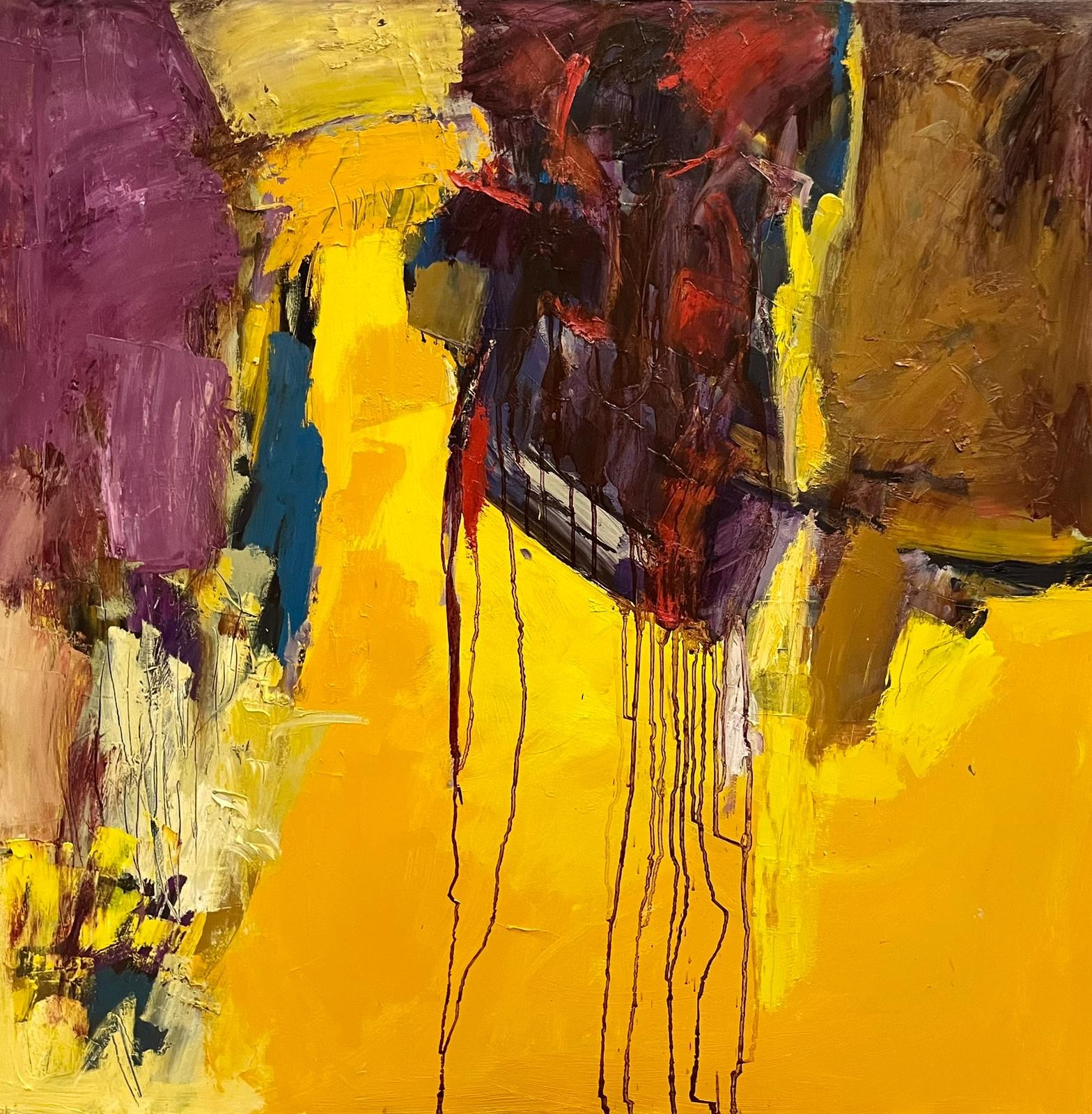 A painting of a yellow and purple abstract painting.