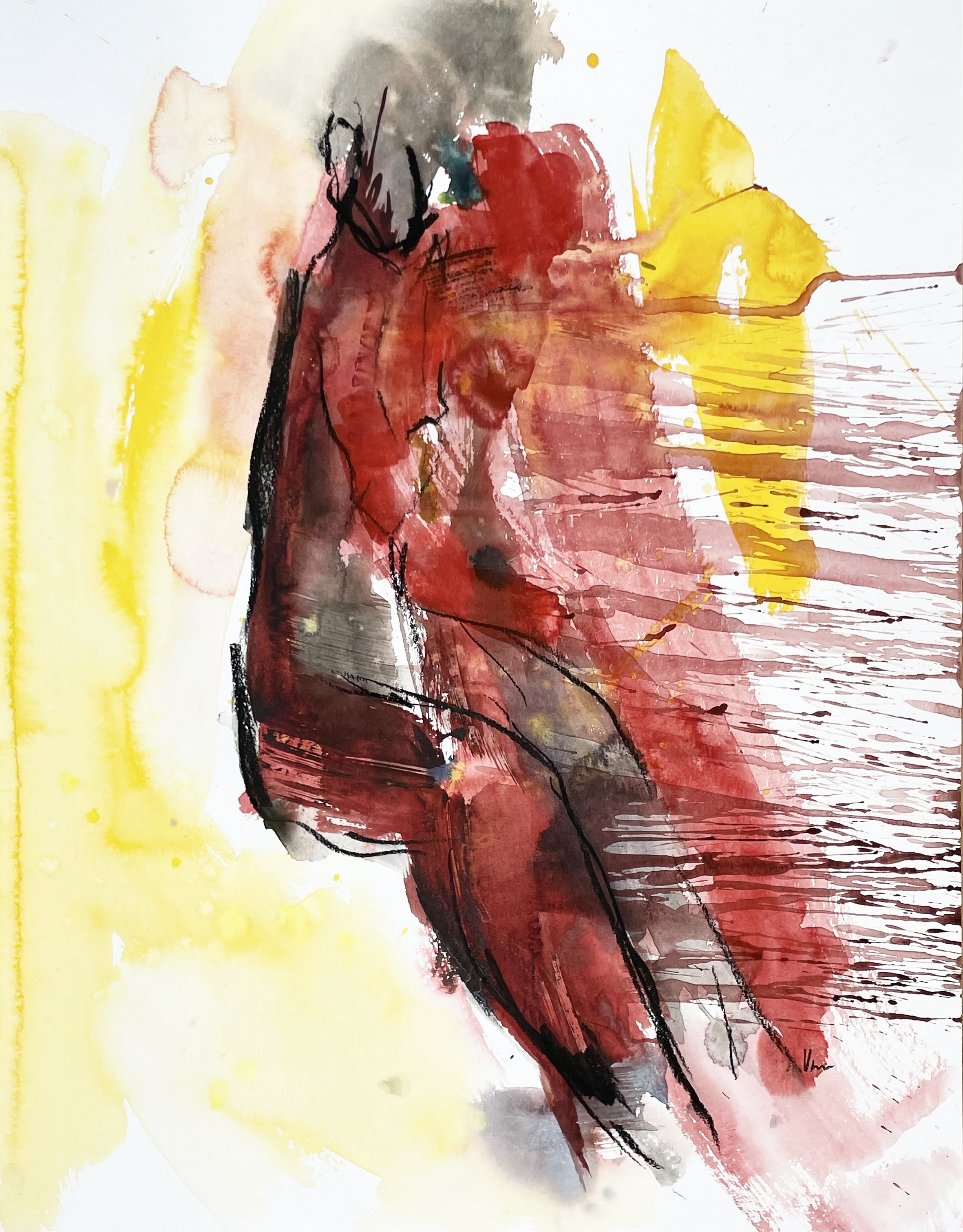 A watercolor painting of a woman in a red dress.