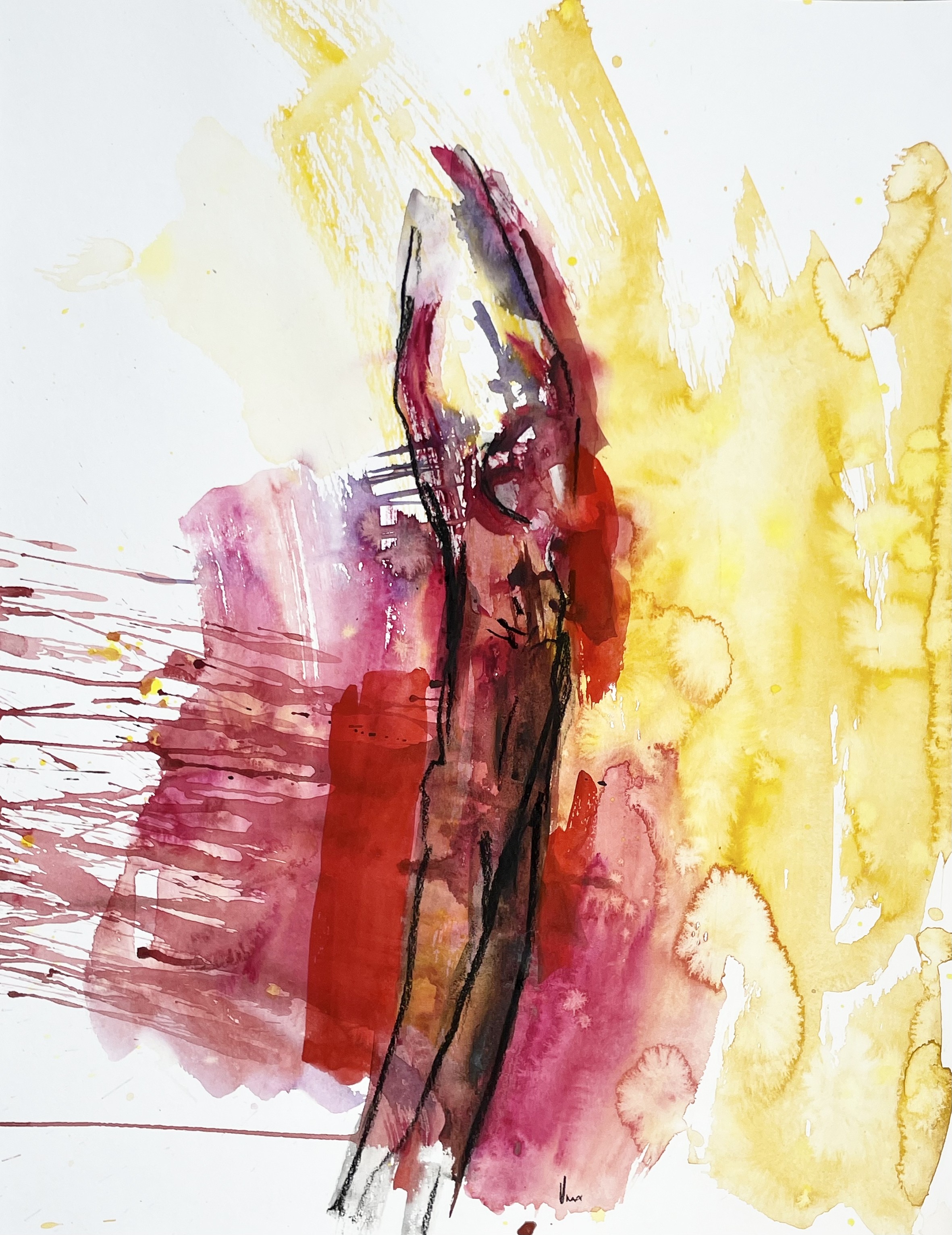 A watercolor painting of a woman in a red dress.