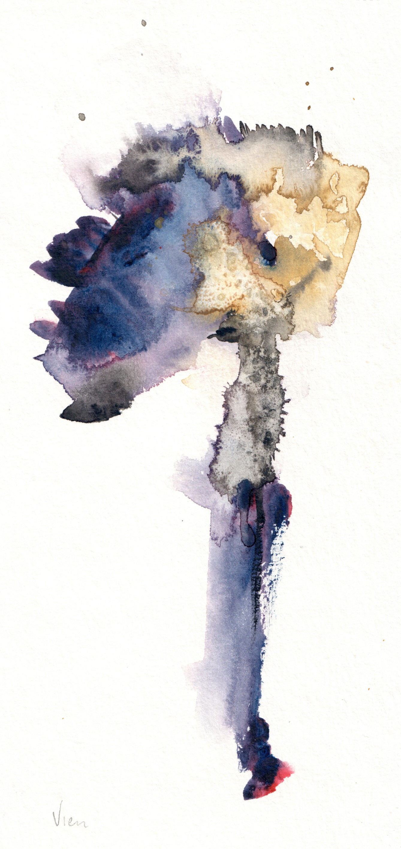 A watercolor painting of a woman's face on a white background.