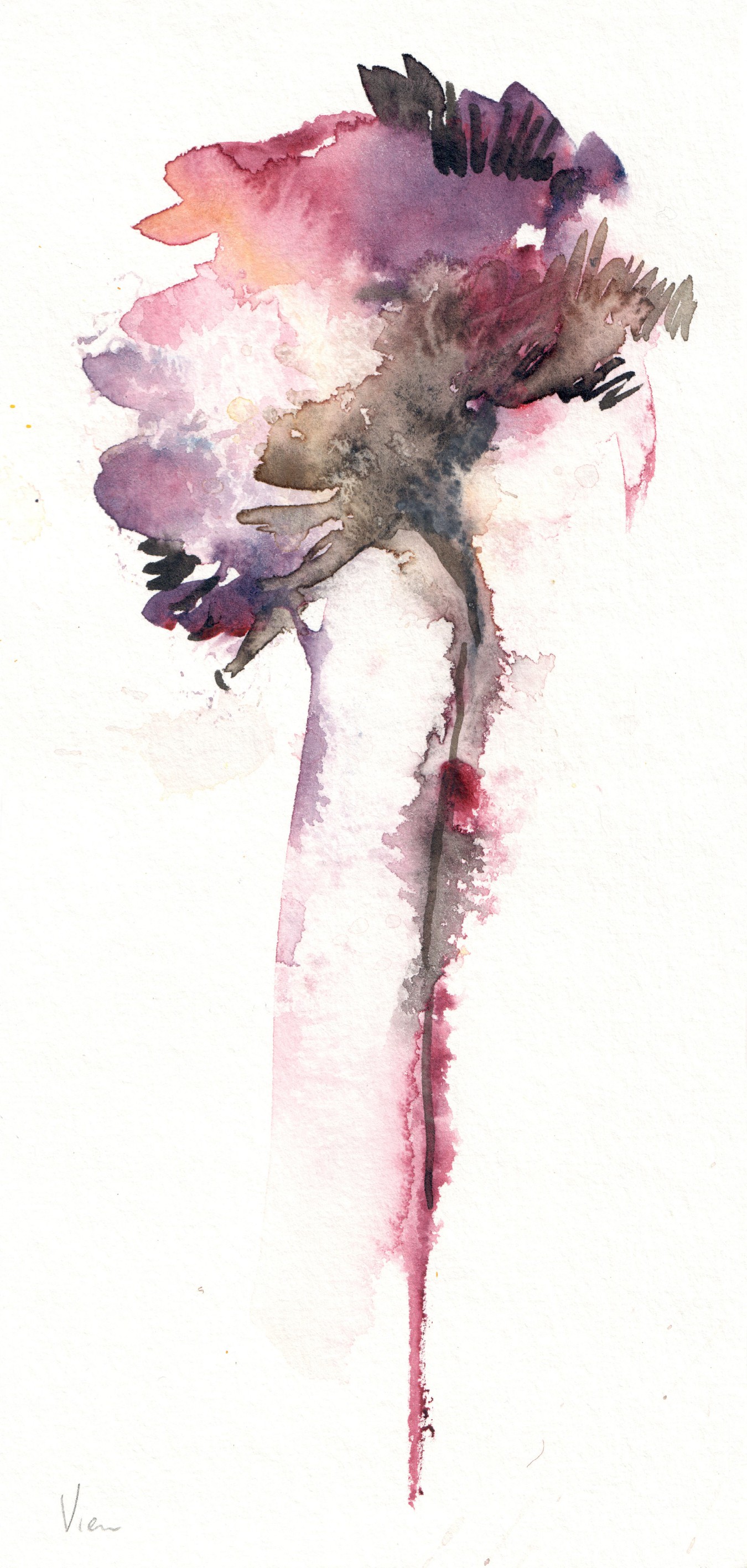 A watercolor painting of a bird flying through the air.