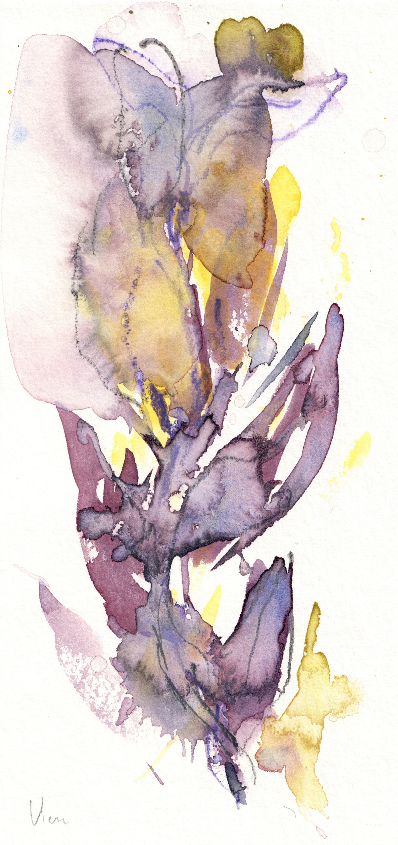 A watercolor painting of a purple and yellow flower.