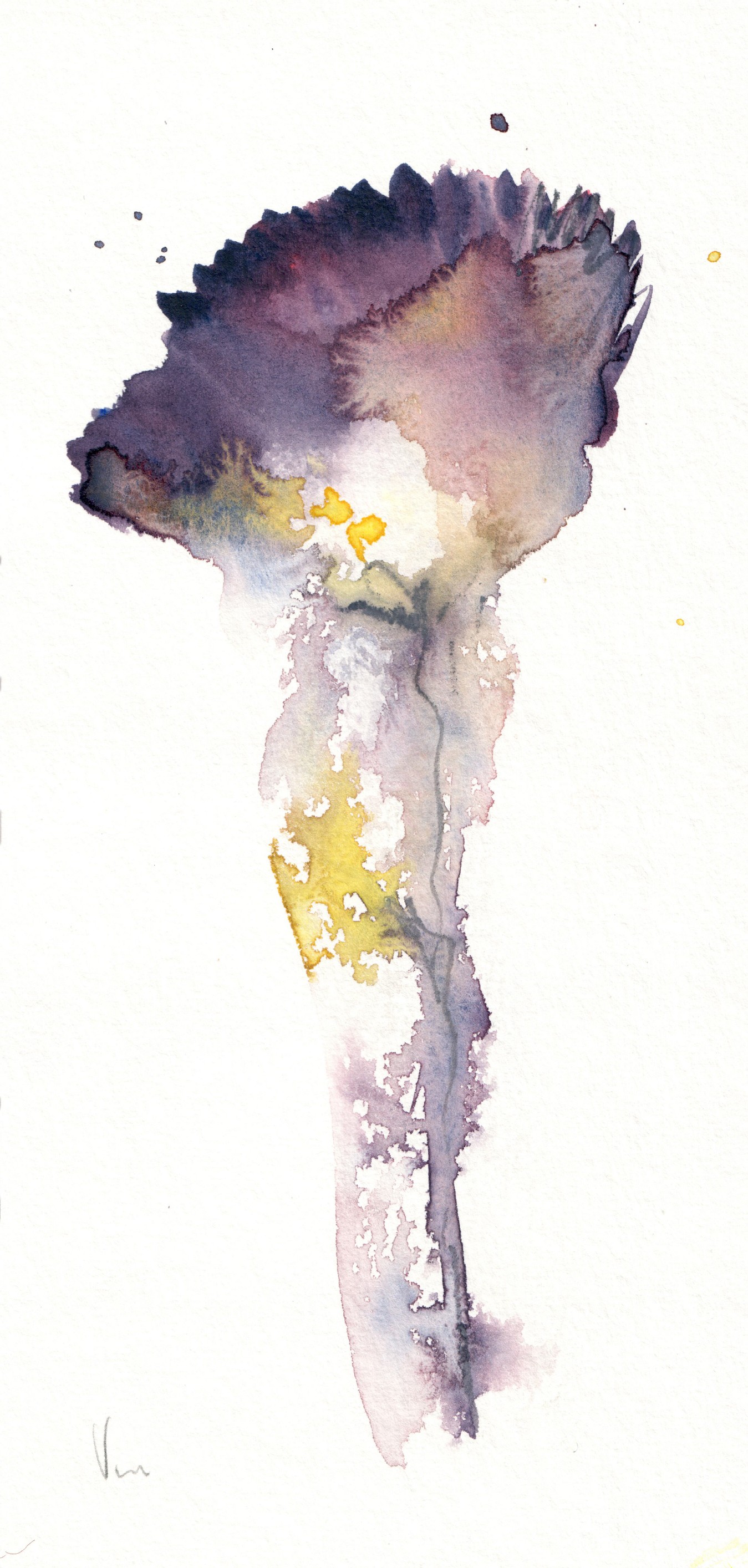 A watercolor painting of a purple and yellow flower.