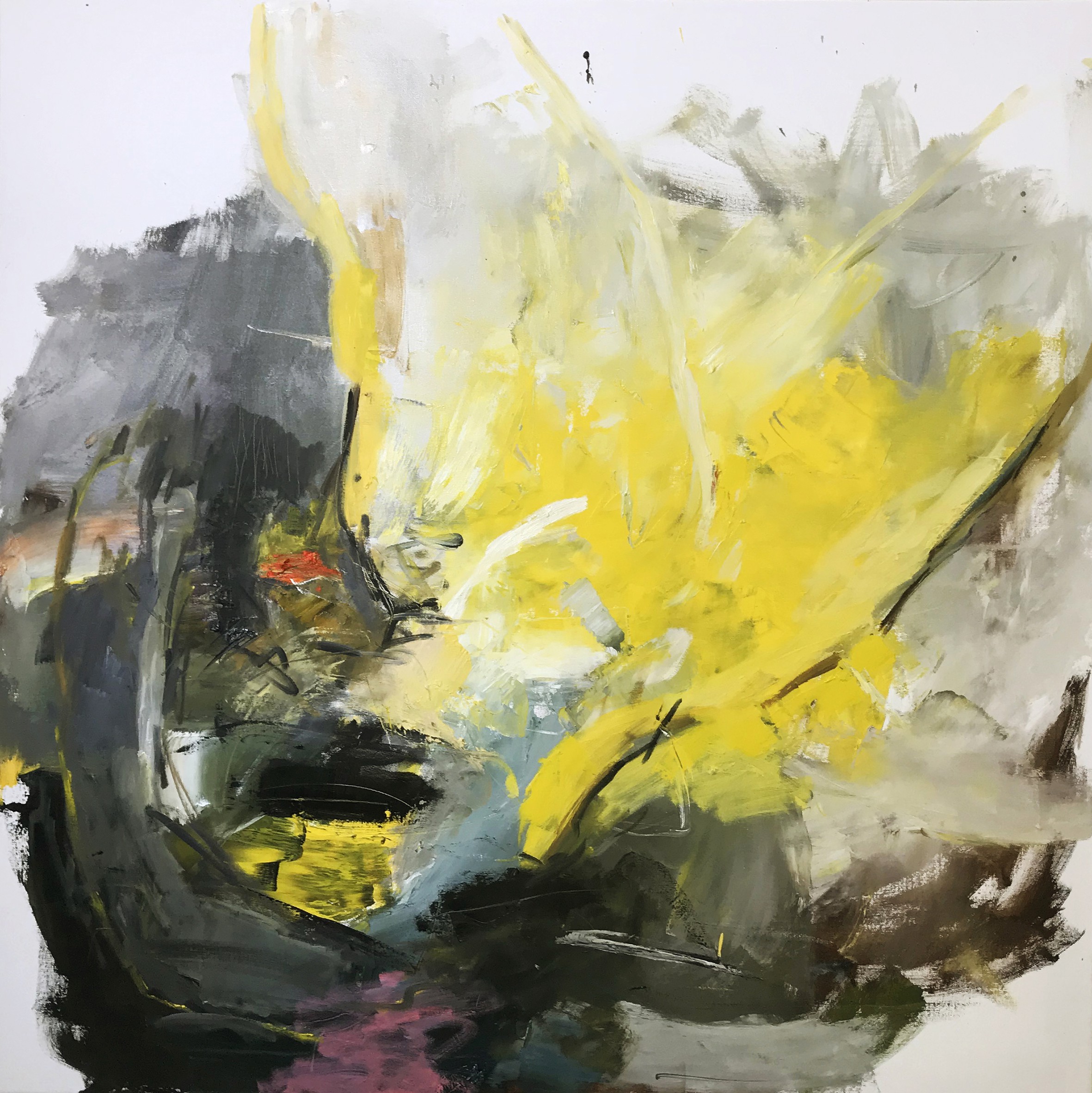 A painting of a yellow and black abstract painting on a white background.
