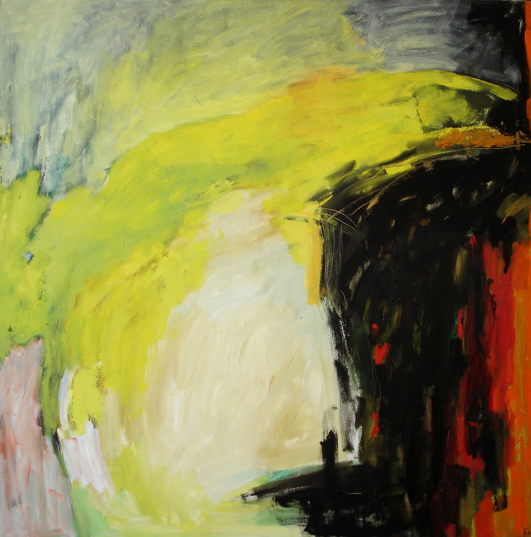 A painting of a yellow and black abstract painting on a white background.