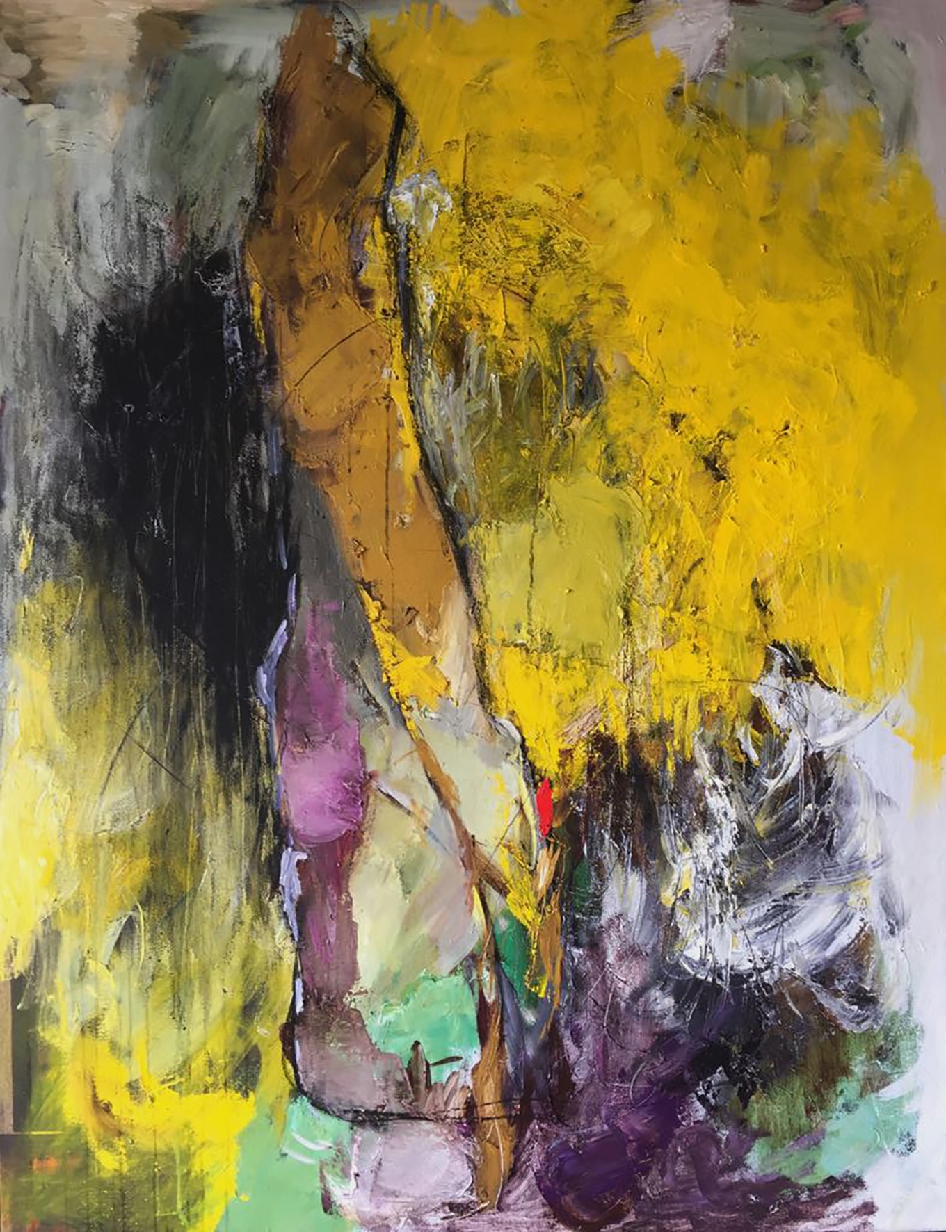 A painting of a woman standing in front of a yellow tree.