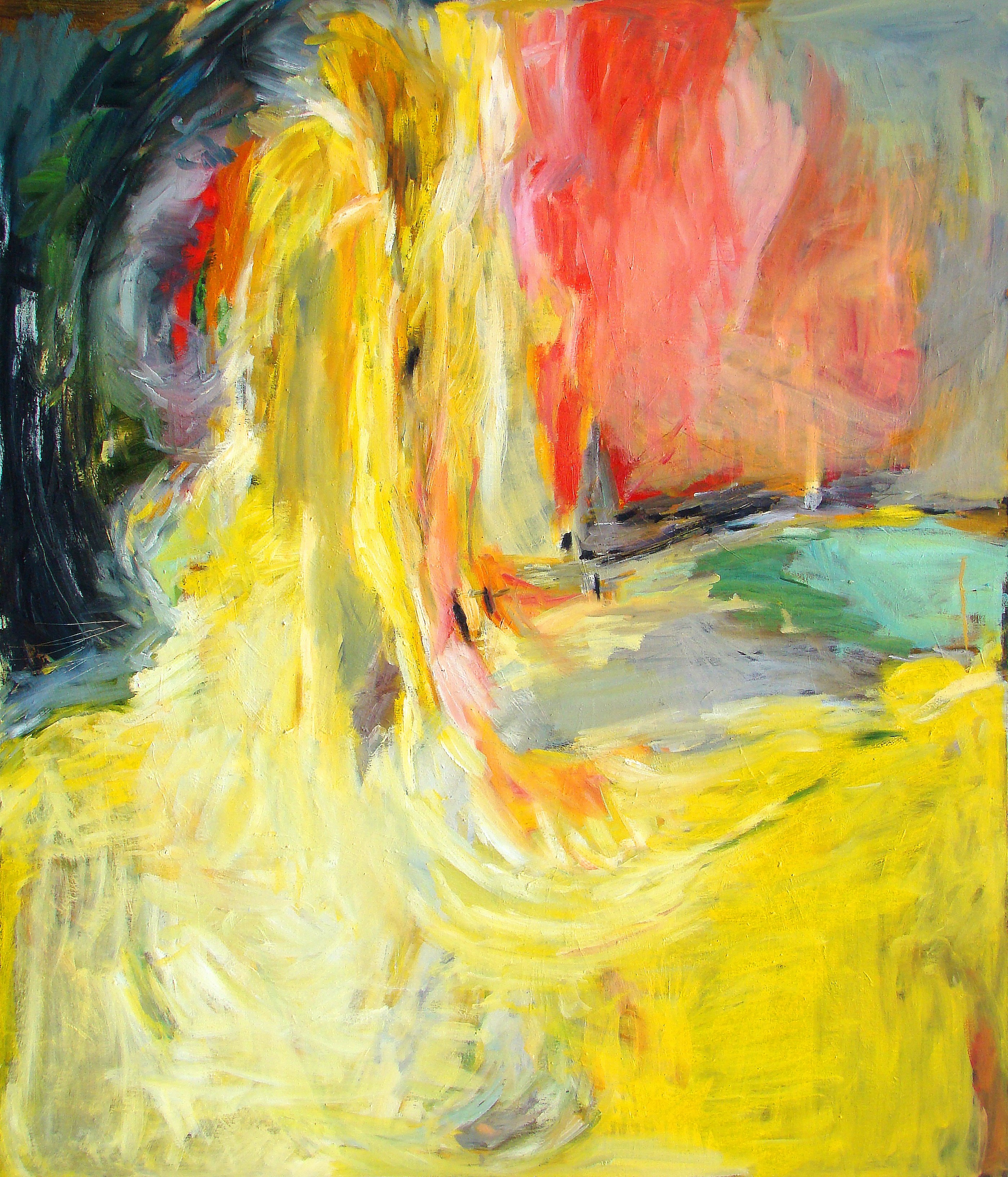 A painting of a woman in a yellow dress. 