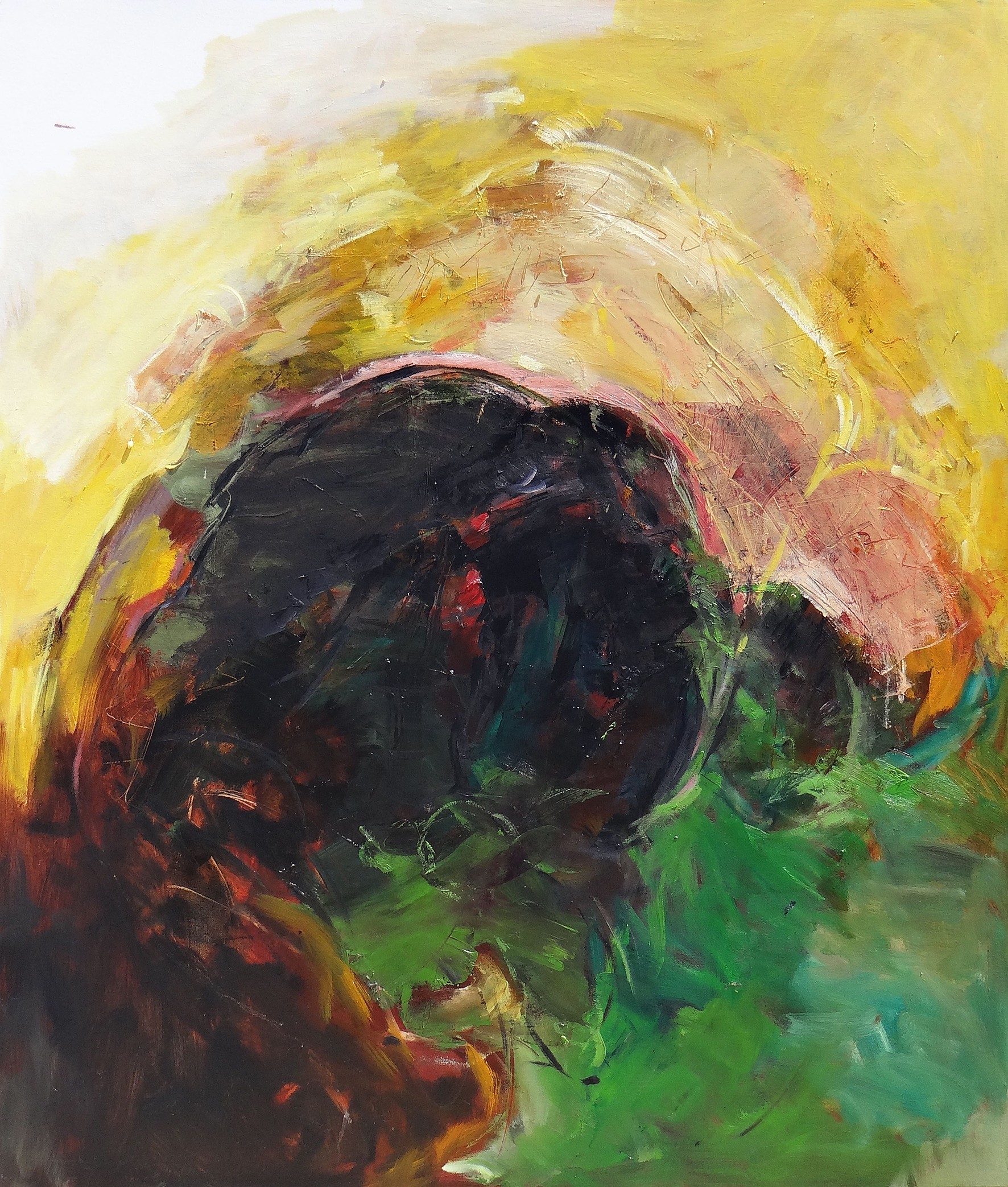 A painting of a woman's face with a yellow background.