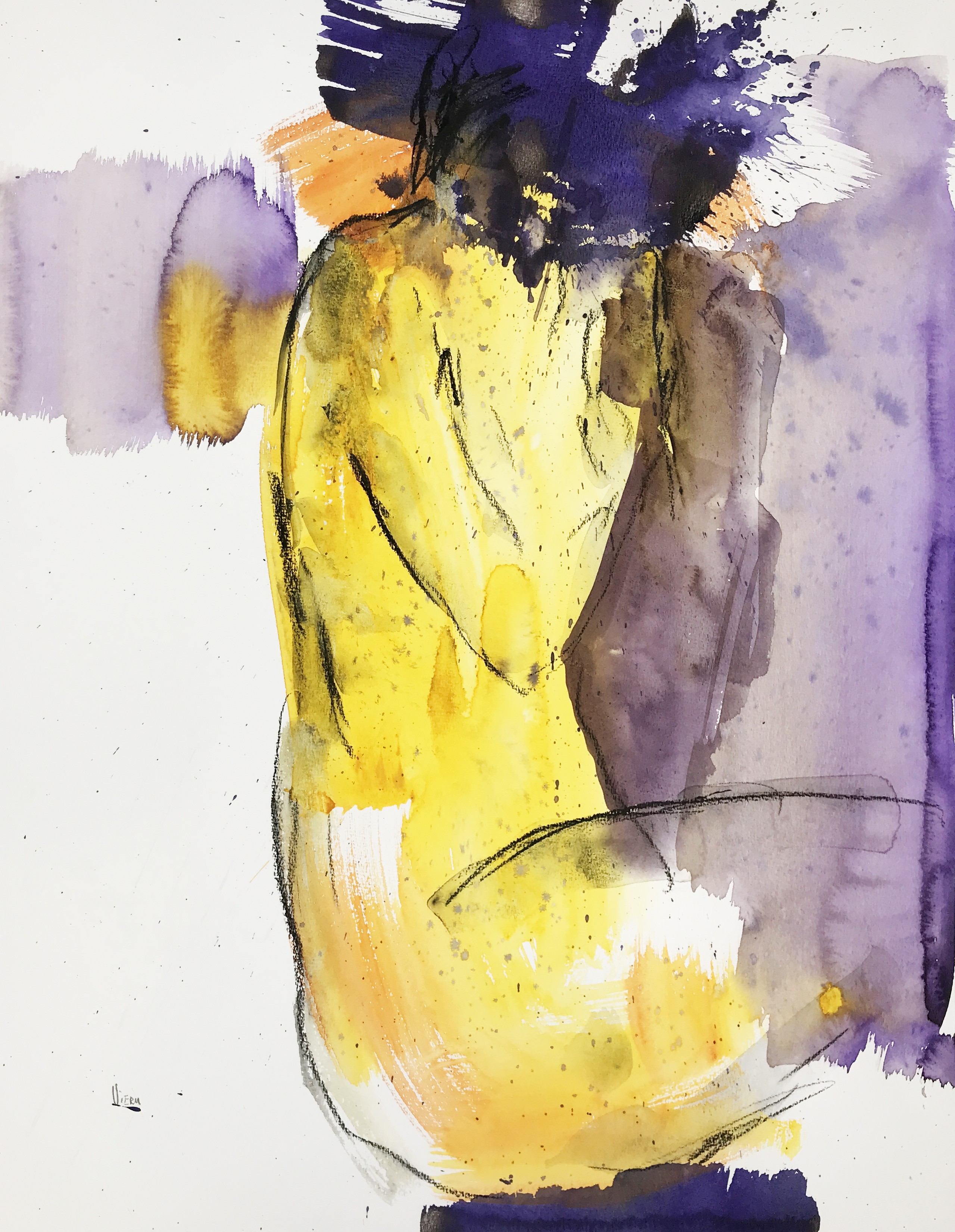 A watercolor painting of a woman in a yellow dress.