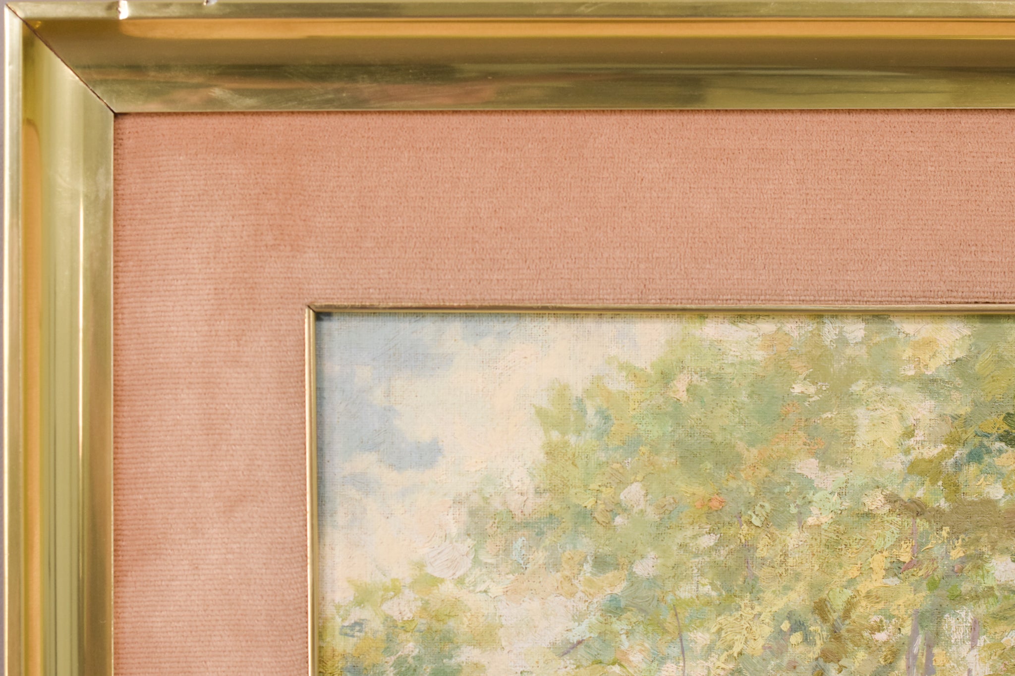 A painting of trees in a grassy field with a house in the background.