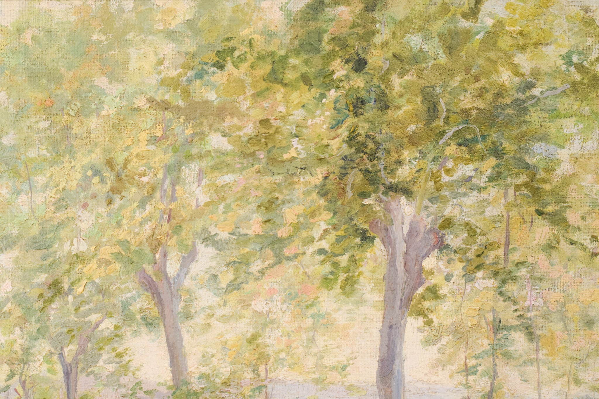 A painting of trees in a grassy field with a house in the background.