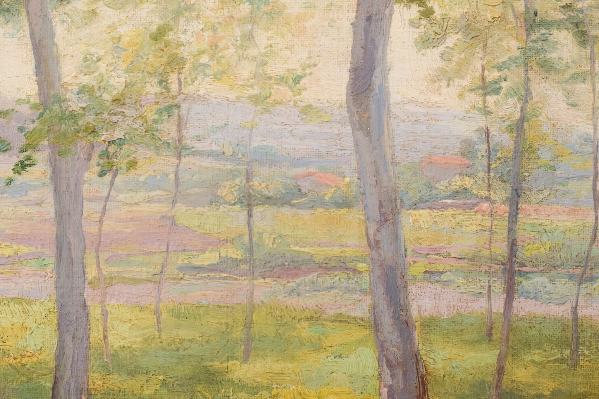 A painting of trees in a grassy field with a house in the background.
