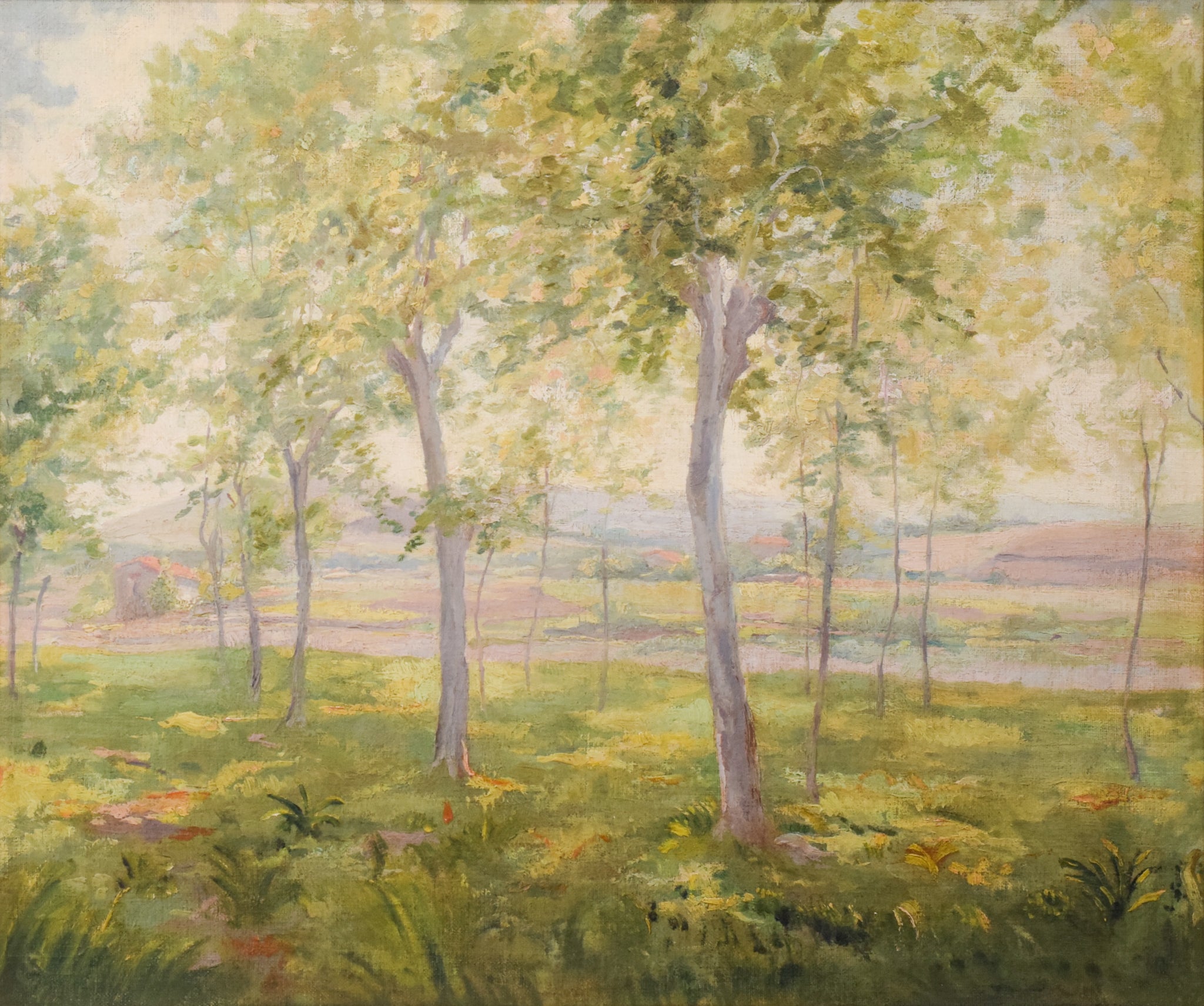A painting of trees in a grassy field with a house in the background.