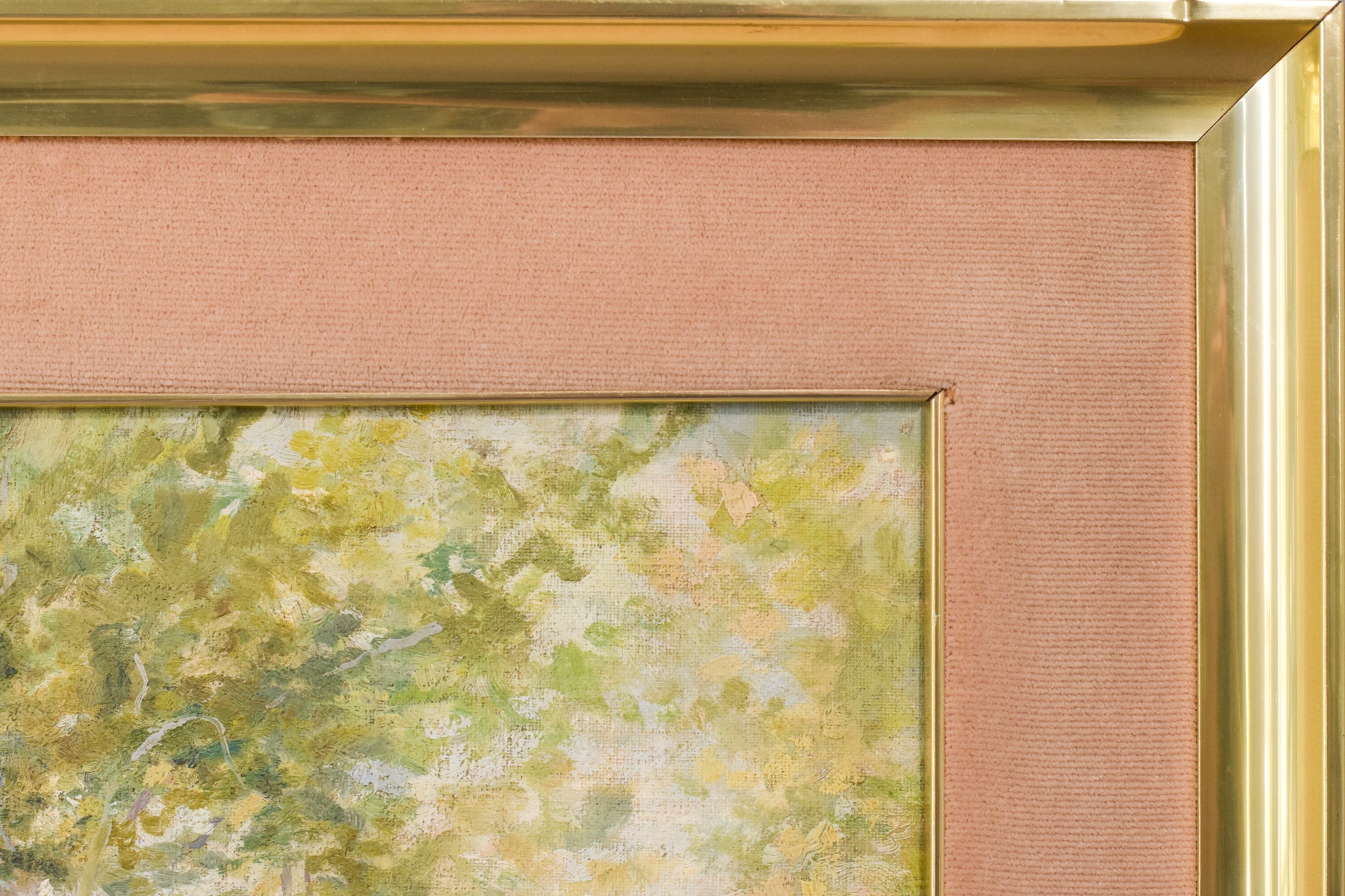 A painting of trees in a grassy field with a house in the background.