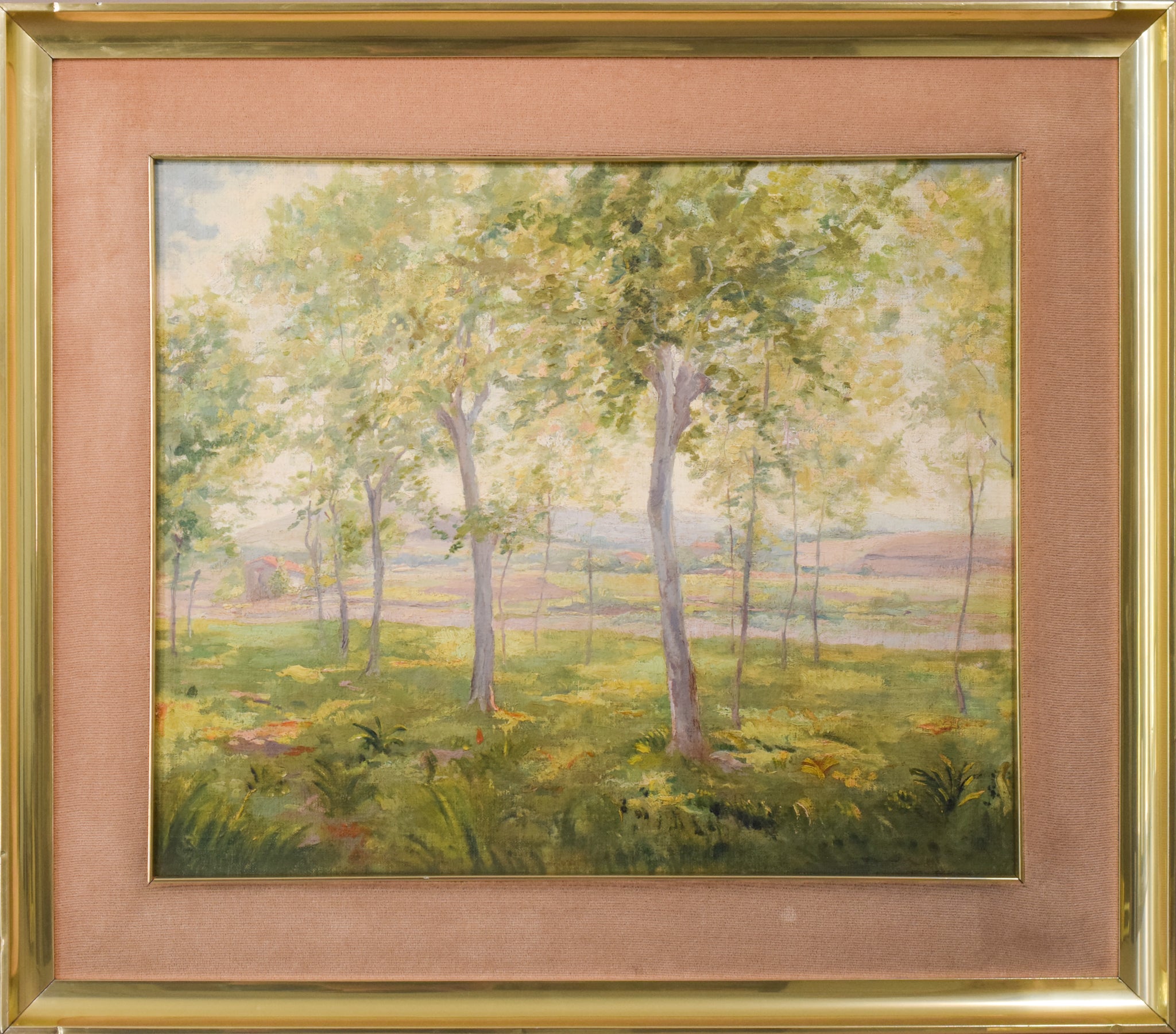 A painting of trees in a grassy field with a house in the background.